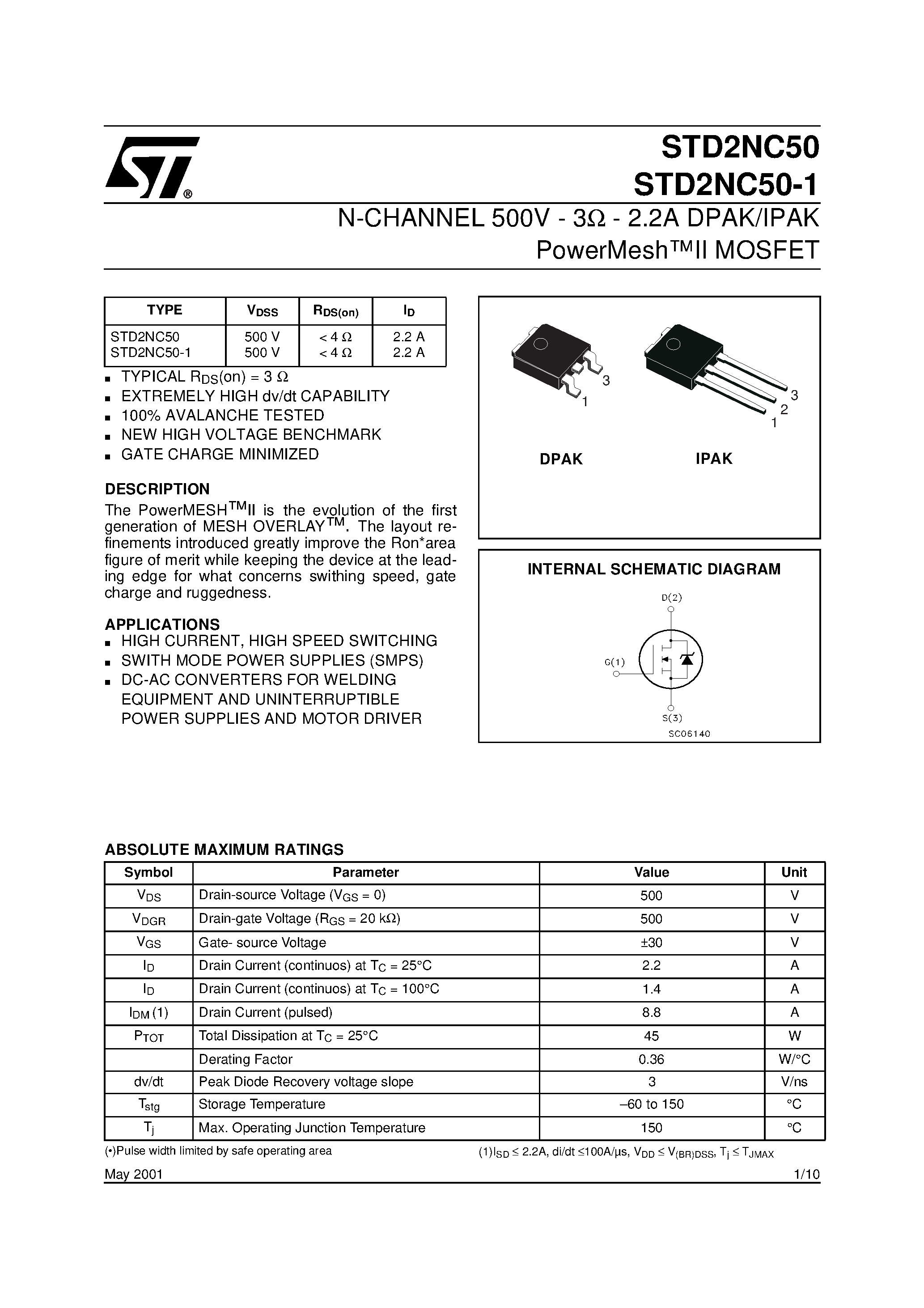 Datasheet STD2NC50 - N-CHANNEL MOSFET page 1