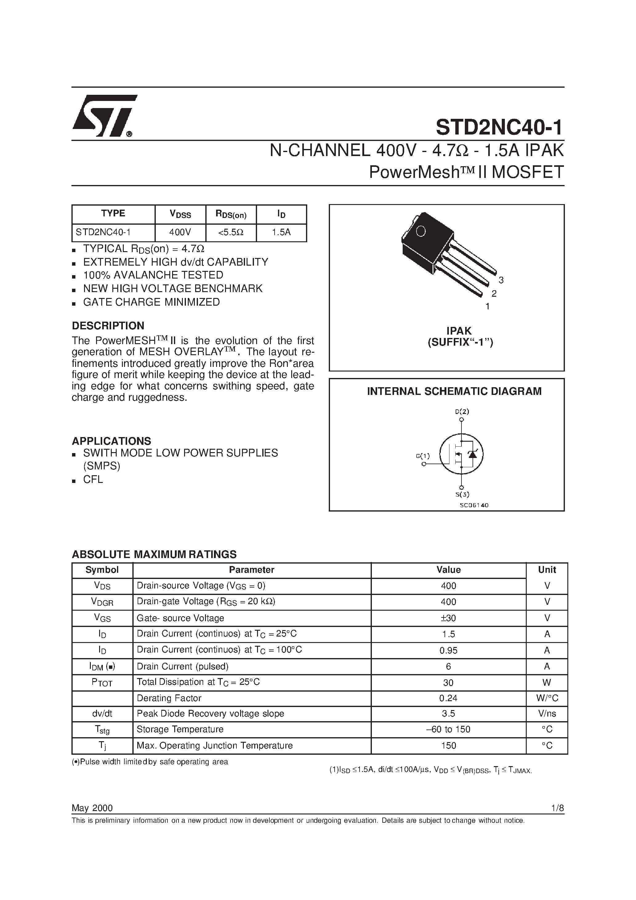 Datasheet STD2NC40-1 page 1 Datasheet STD2NC40-1 - N-CHANNEL MOSFET page 1