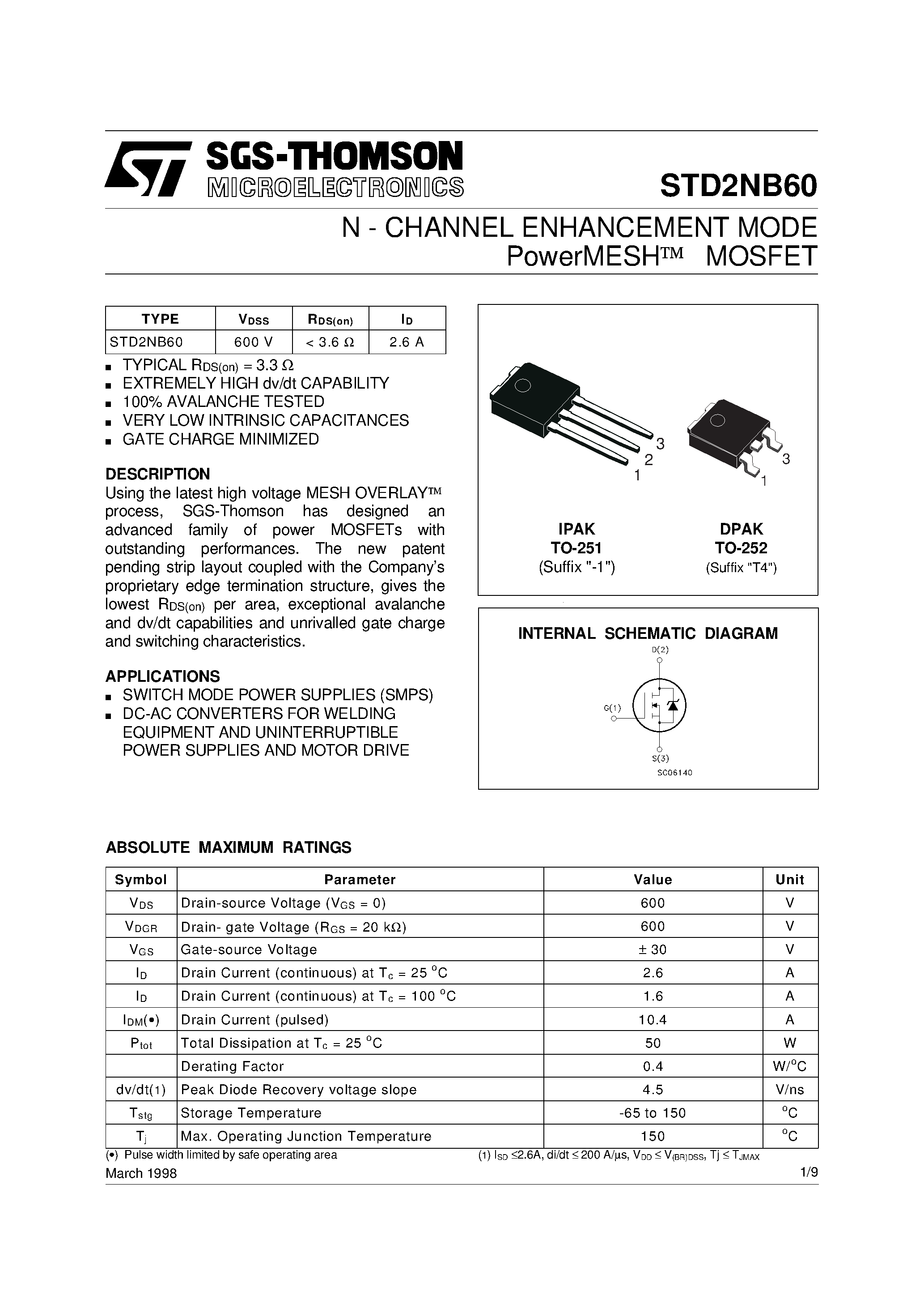 Datasheet STD2NB60 - N-CHANNEL MOSFET page 1