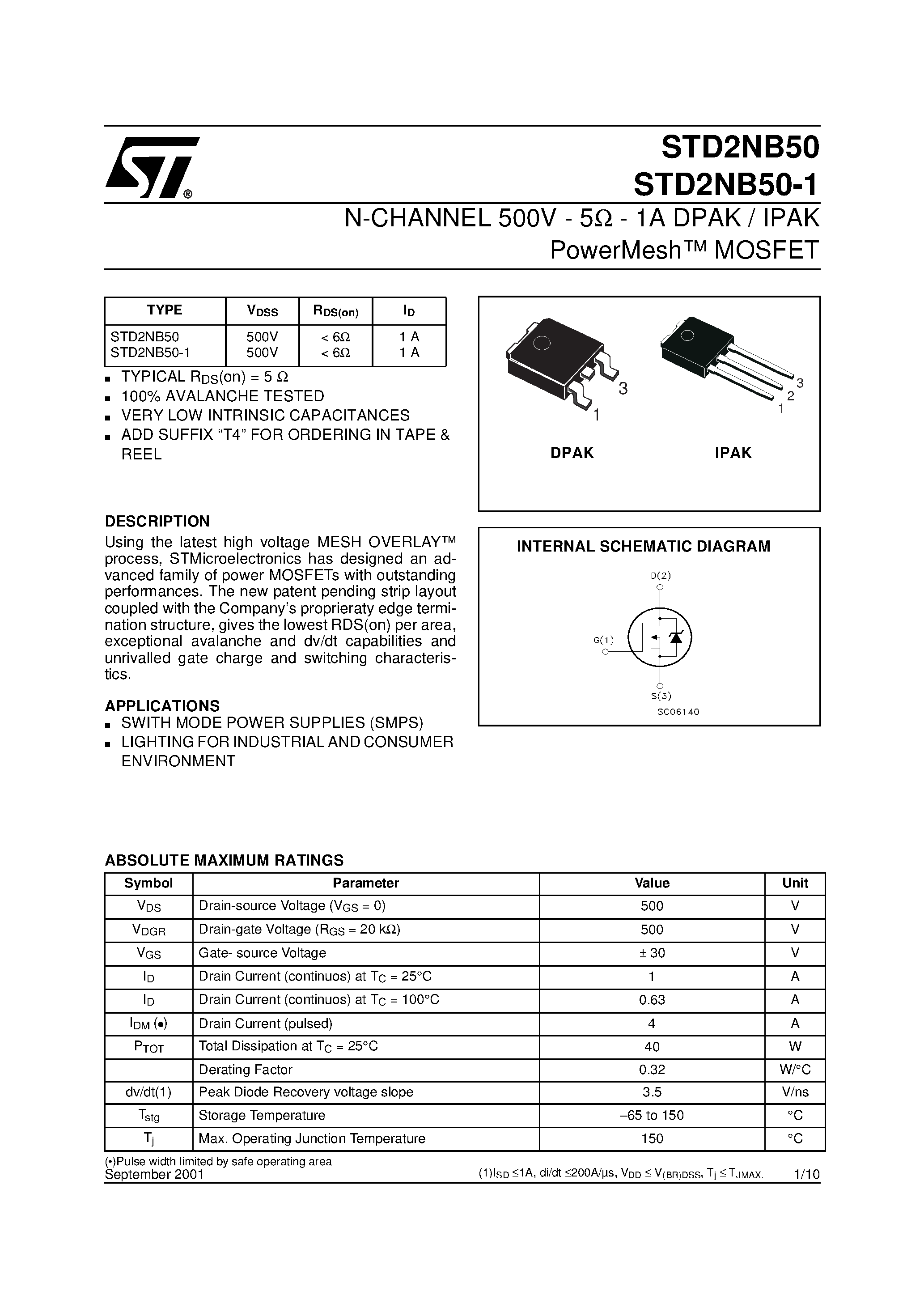 Datasheet STD2NB50 page 1 Datasheet STD2NB50 - N-CHANNEL MOSFET page 1