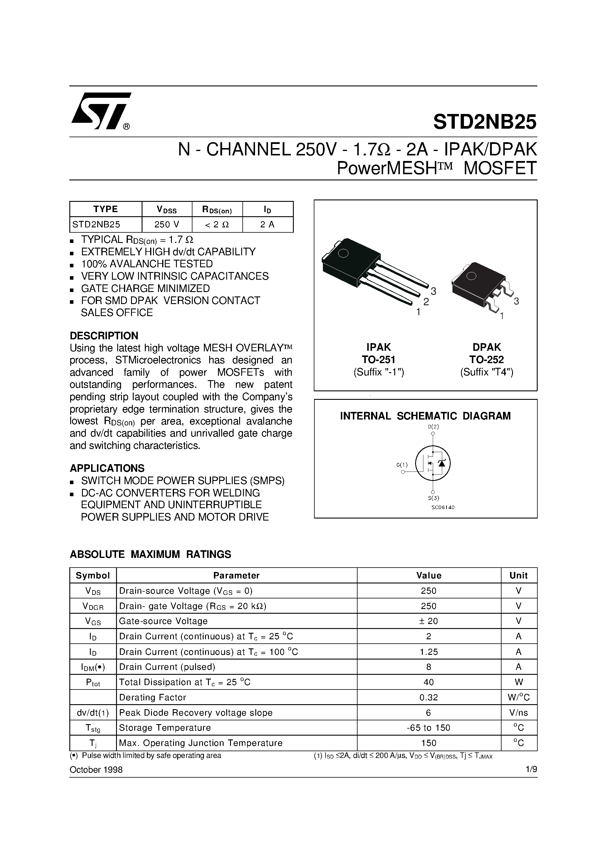 Datasheet STD2NB25 page 1 Datasheet STD2NB25 - N-CHANNEL MOSFET page 1