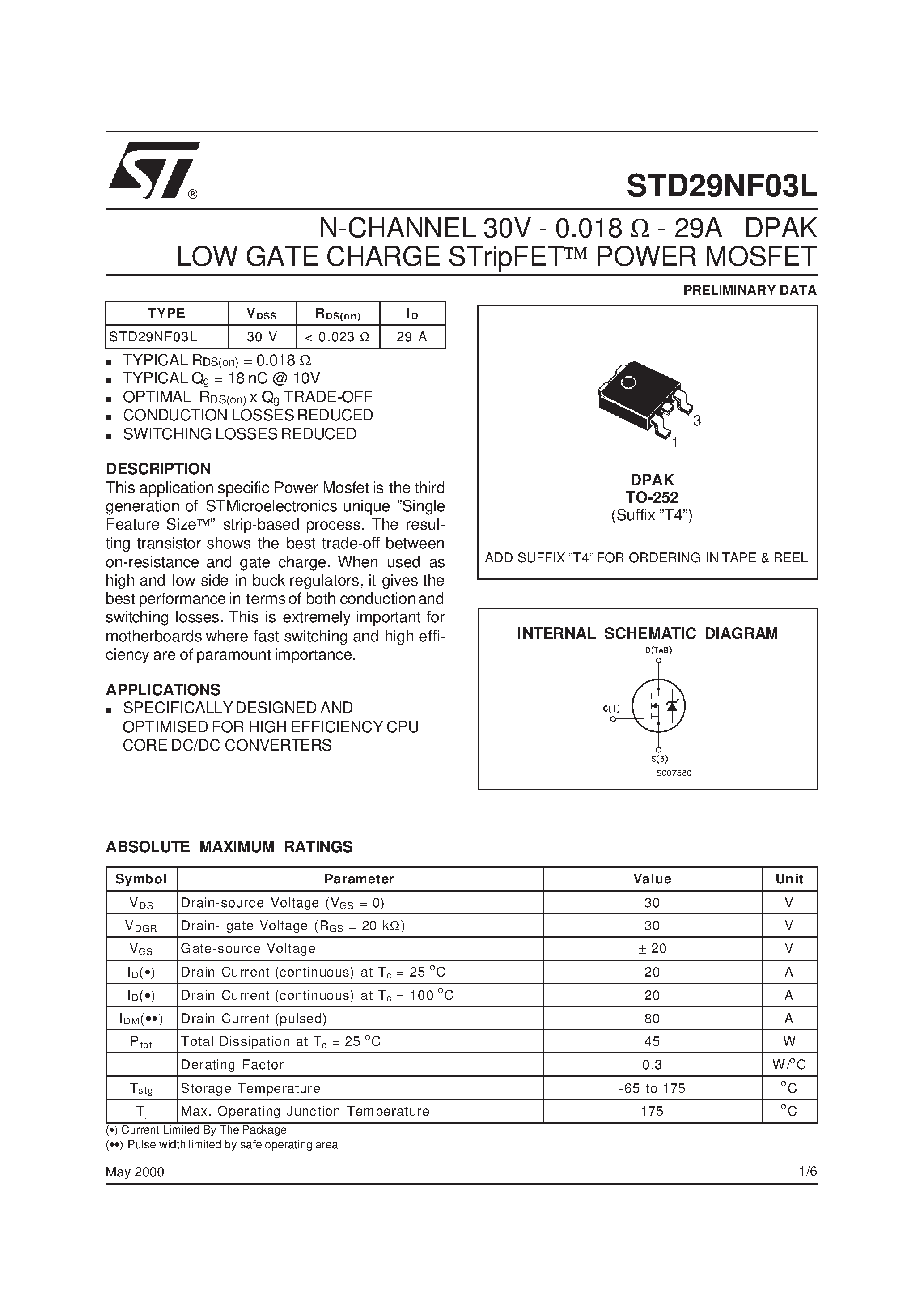 Datasheet STD29NF03L page 1 Datasheet STD29NF03L - N-CHANNEL MOSFET page 1