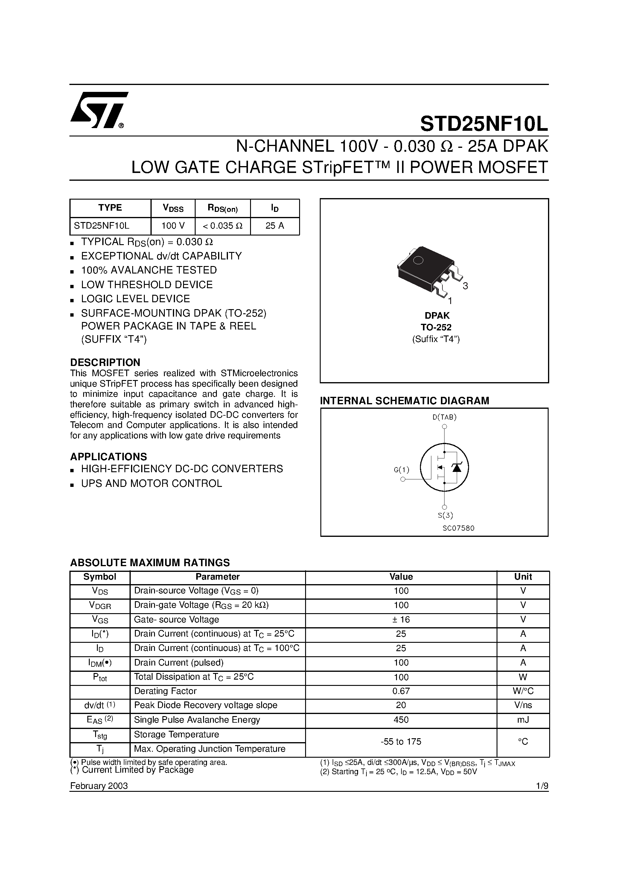 Datasheet STD25NF10L page 1 Datasheet STD25NF10L - N-CHANNEL MOSFET page 1