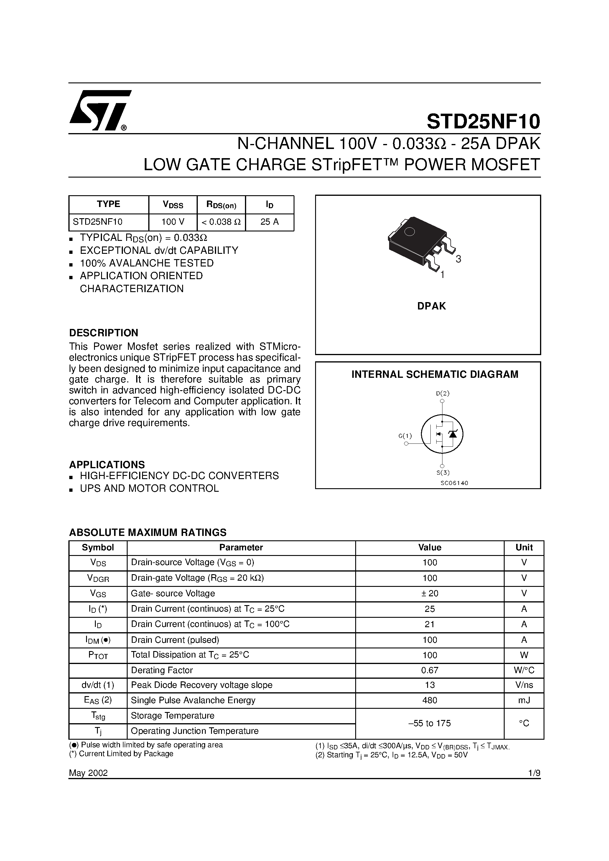 Datasheet STD25NF10 page 1 Datasheet STD25NF10 - N-CHANNEL MOSFET page 1