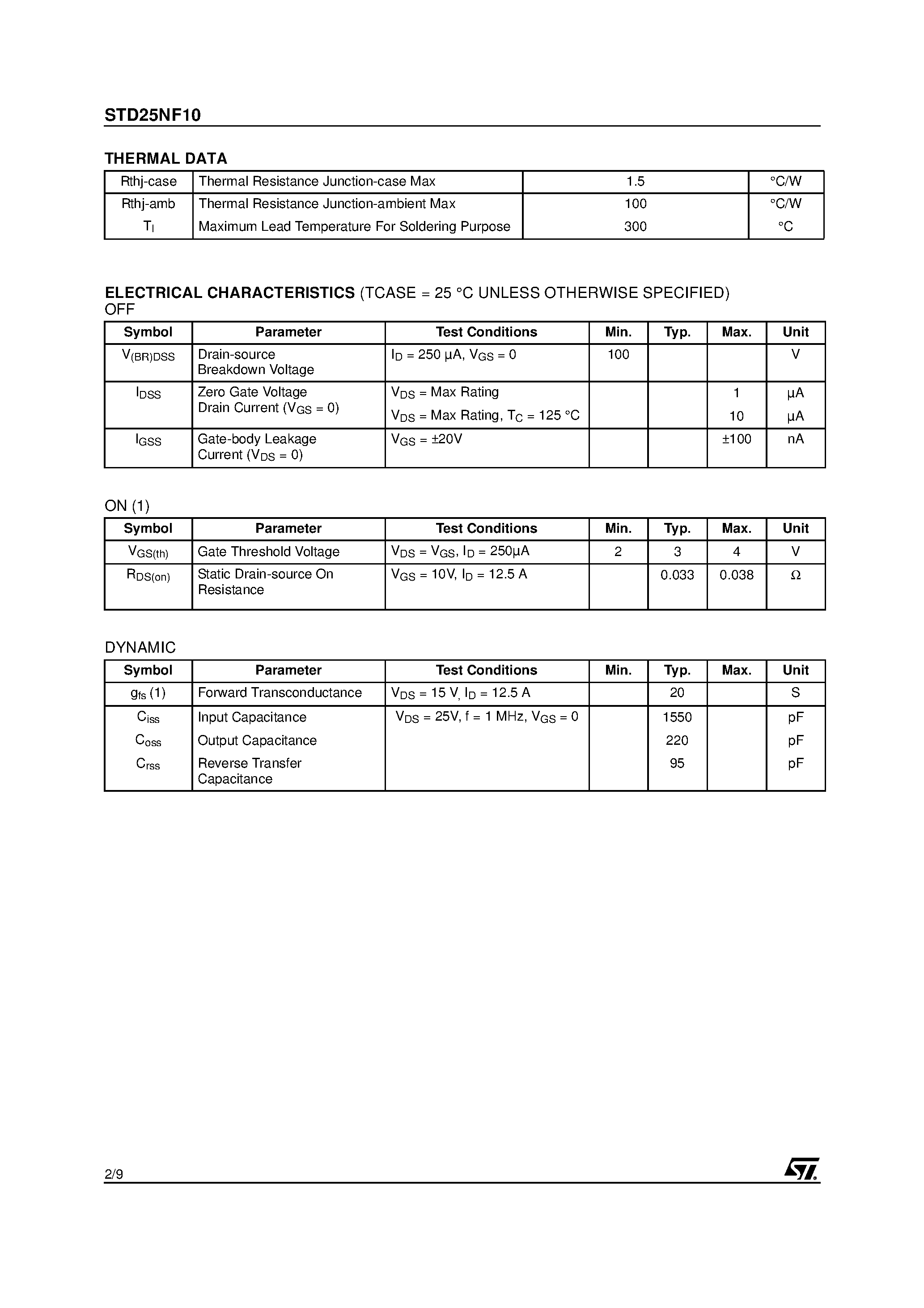 Datasheet STD25NF10 page 2 Datasheet STD25NF10 - N-CHANNEL MOSFET page 2