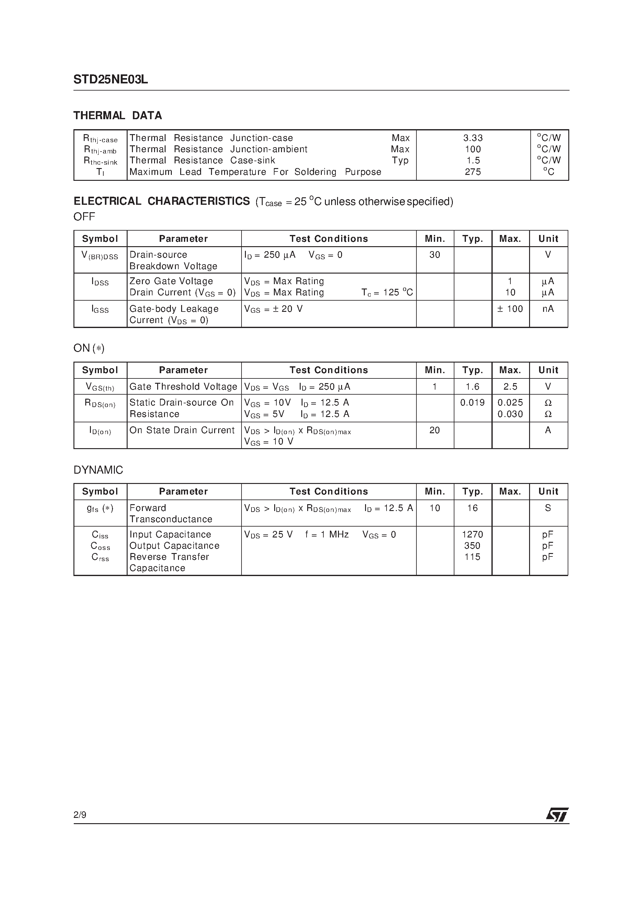Datasheet STD25NE03L page 2 Datasheet STD25NE03L - N-CHANNEL MOSFET page 2