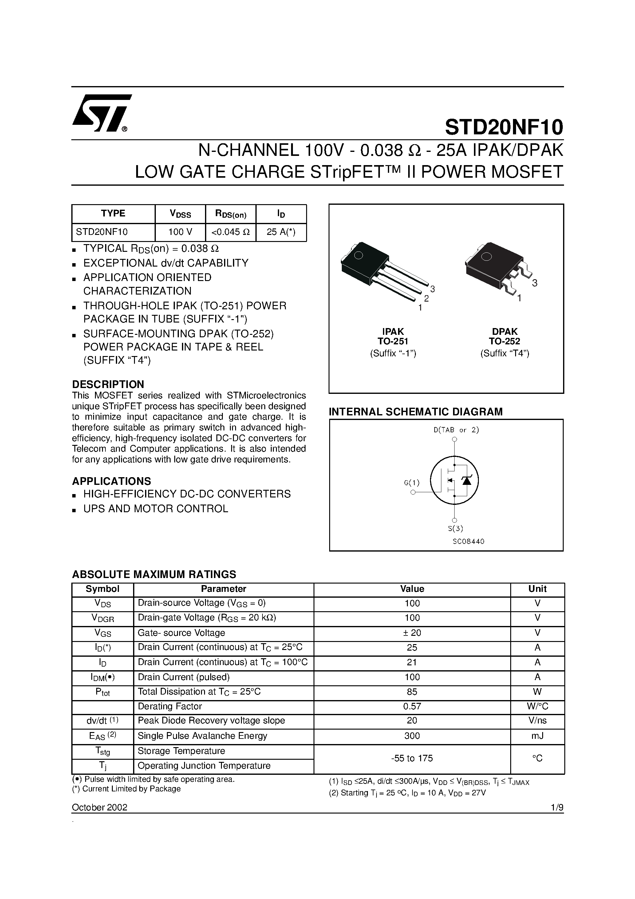 Datasheet STD20NF10 page 1 Datasheet STD20NF10 - N-CHANNEL MOSFET page 1