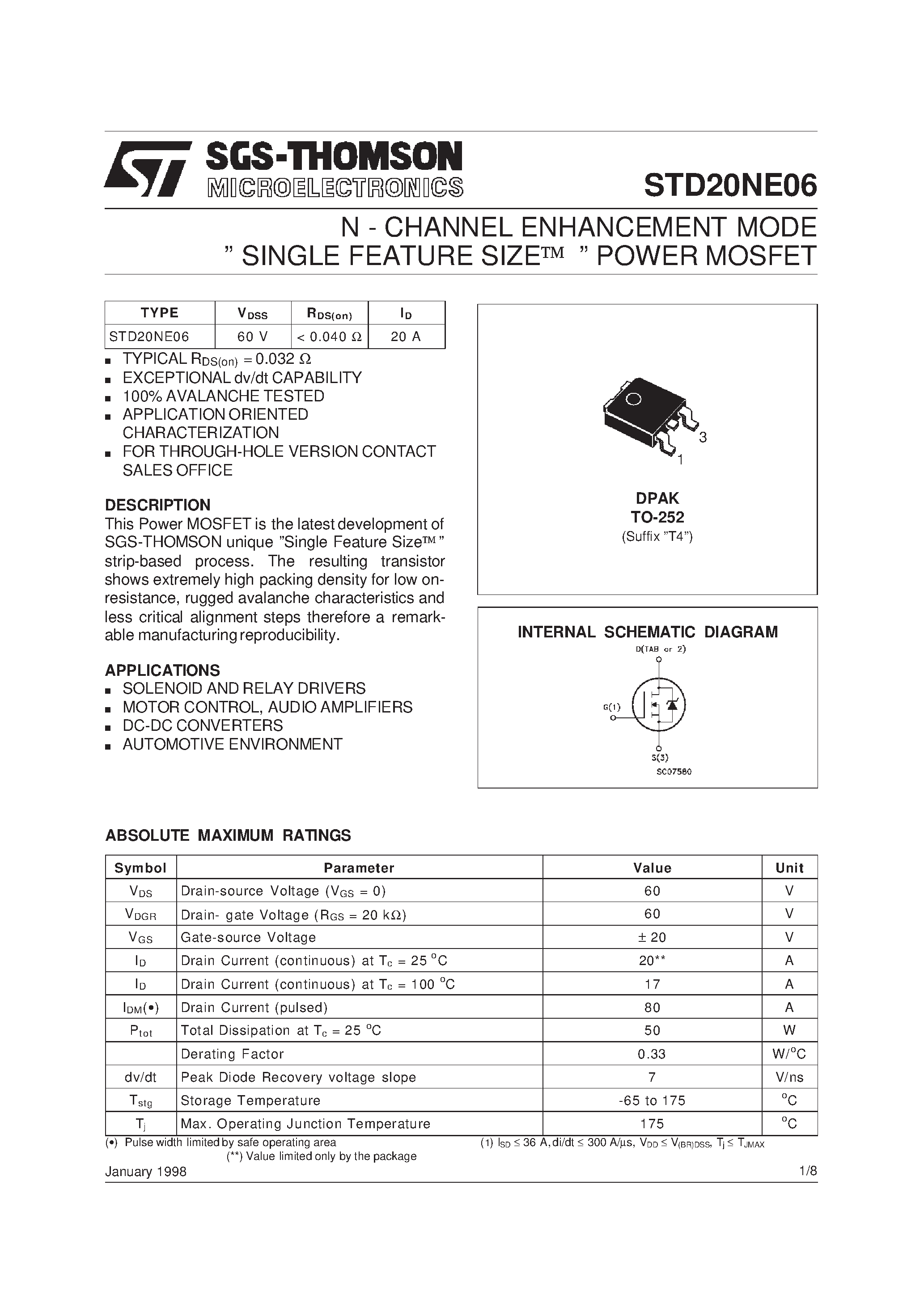 Datasheet STD20NE06 - N-CHANNEL MOSFET page 1