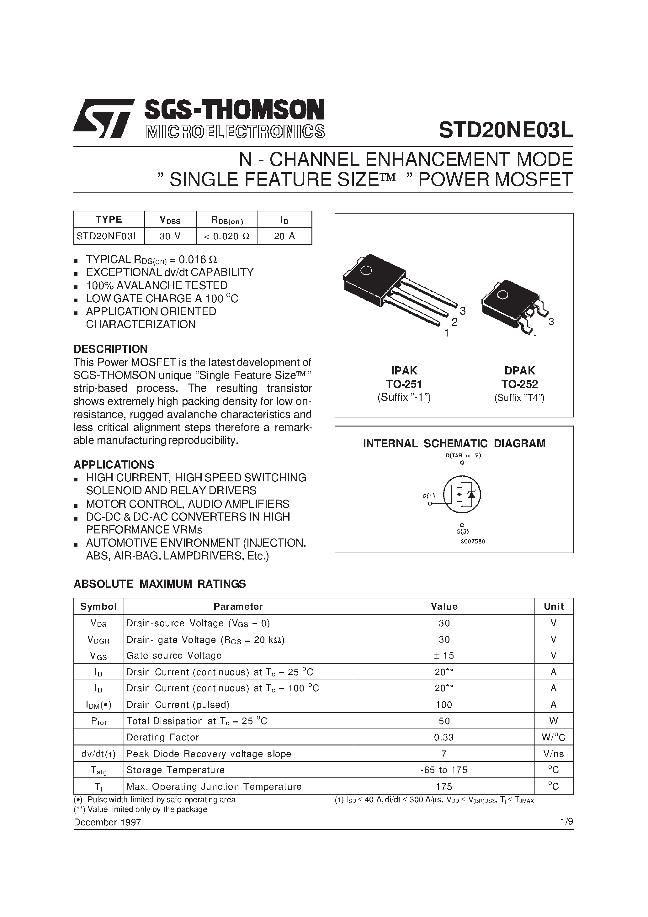 Datasheet STD20NE03L - N-CHANNEL MOSFET page 1