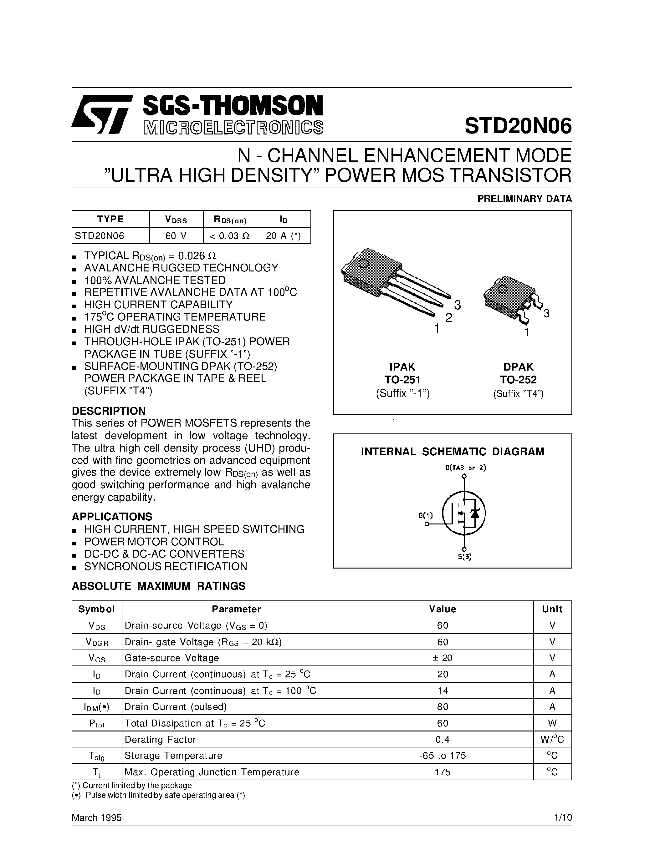 Datasheet STD20N06 - N-CHANNEL MOSFET page 1
