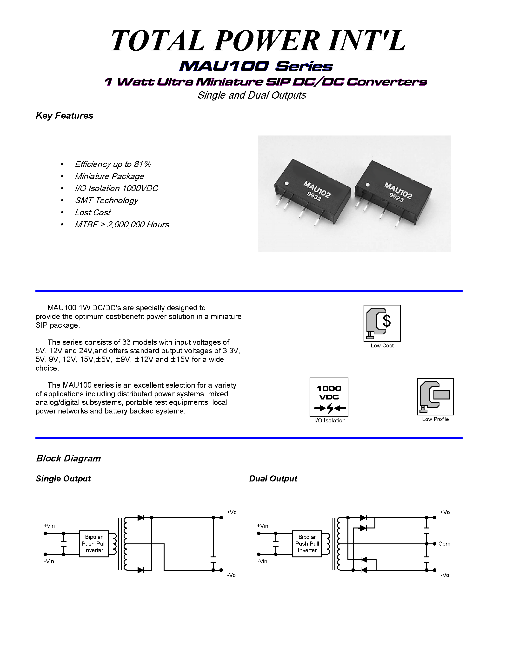 Datasheet MAU102 - MAU100 Series / 1 Watt Ultra Miniature SIP DC/DC Converters page 1