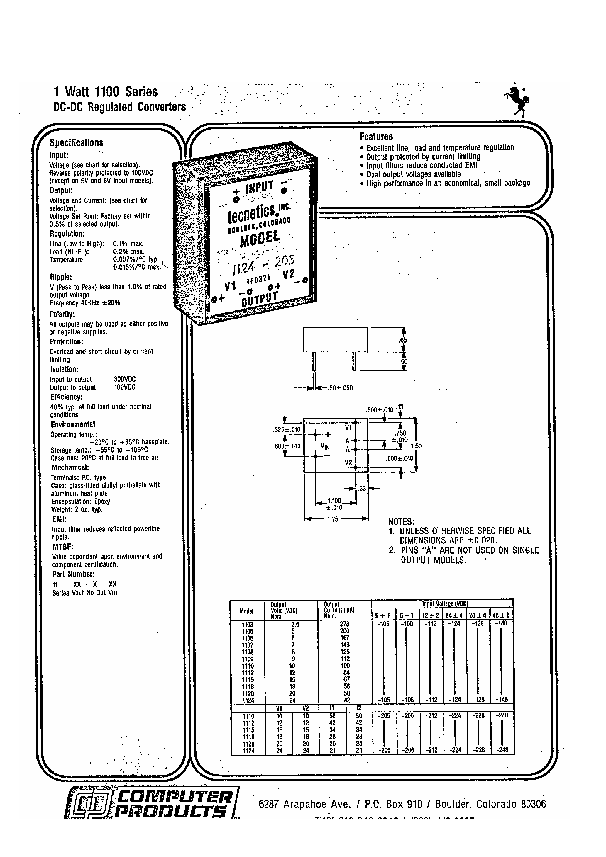 Datasheet 1120-xxx - 1 Watt 1100 Series DC-DC Regulated Converters page 1
