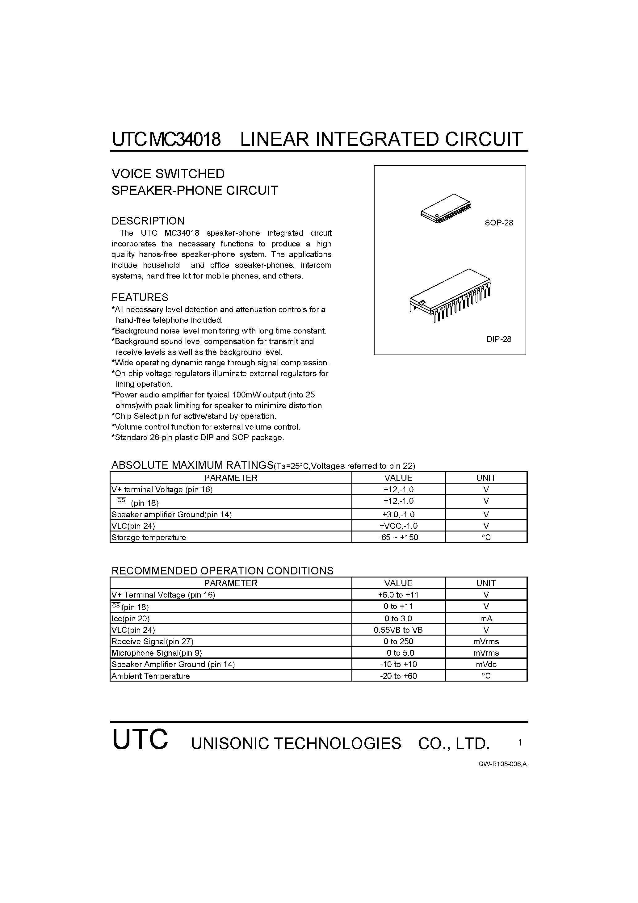 Datasheet MC34018 page 1 Datasheet MC34018 - VOICE SWITCHED SPEAKER-PHONE CIRCUIT page 1