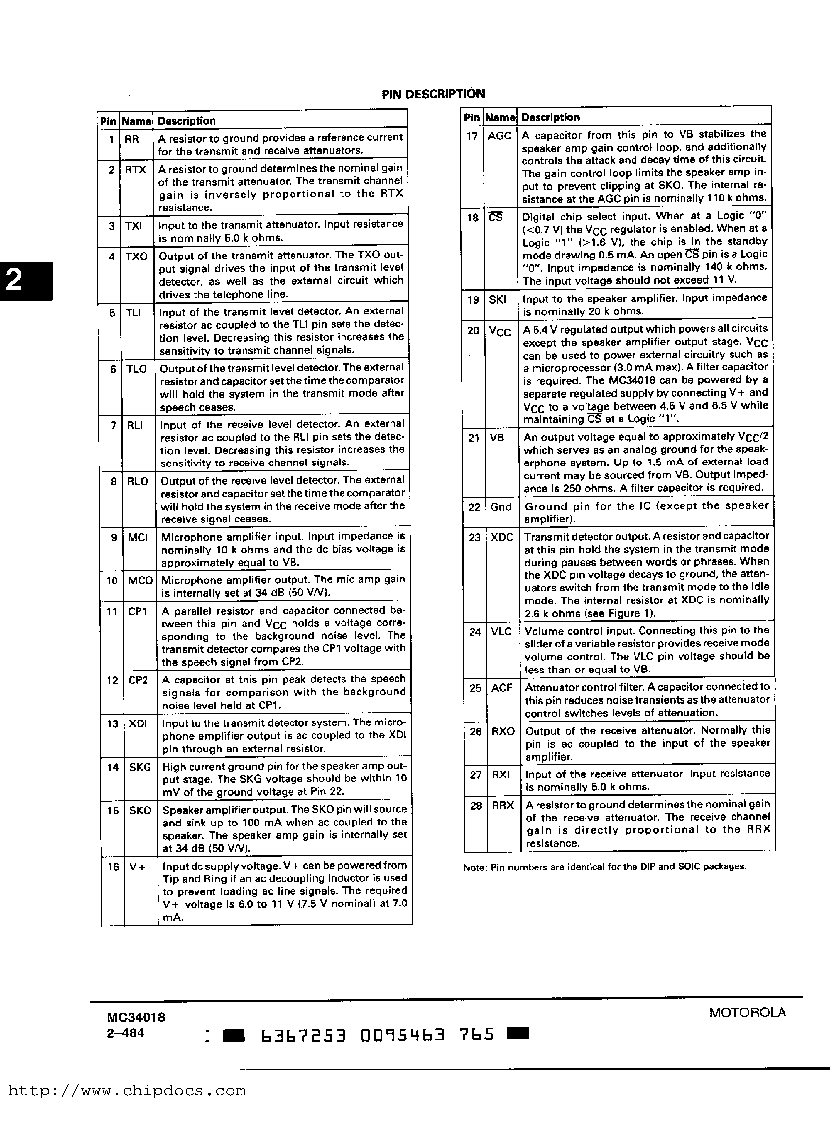 Даташит на микросхему MC34018 страница 2 Даташит MC34018 - VOICE SWITCHED SPEAKERPHONE CIRCUIT страница 2