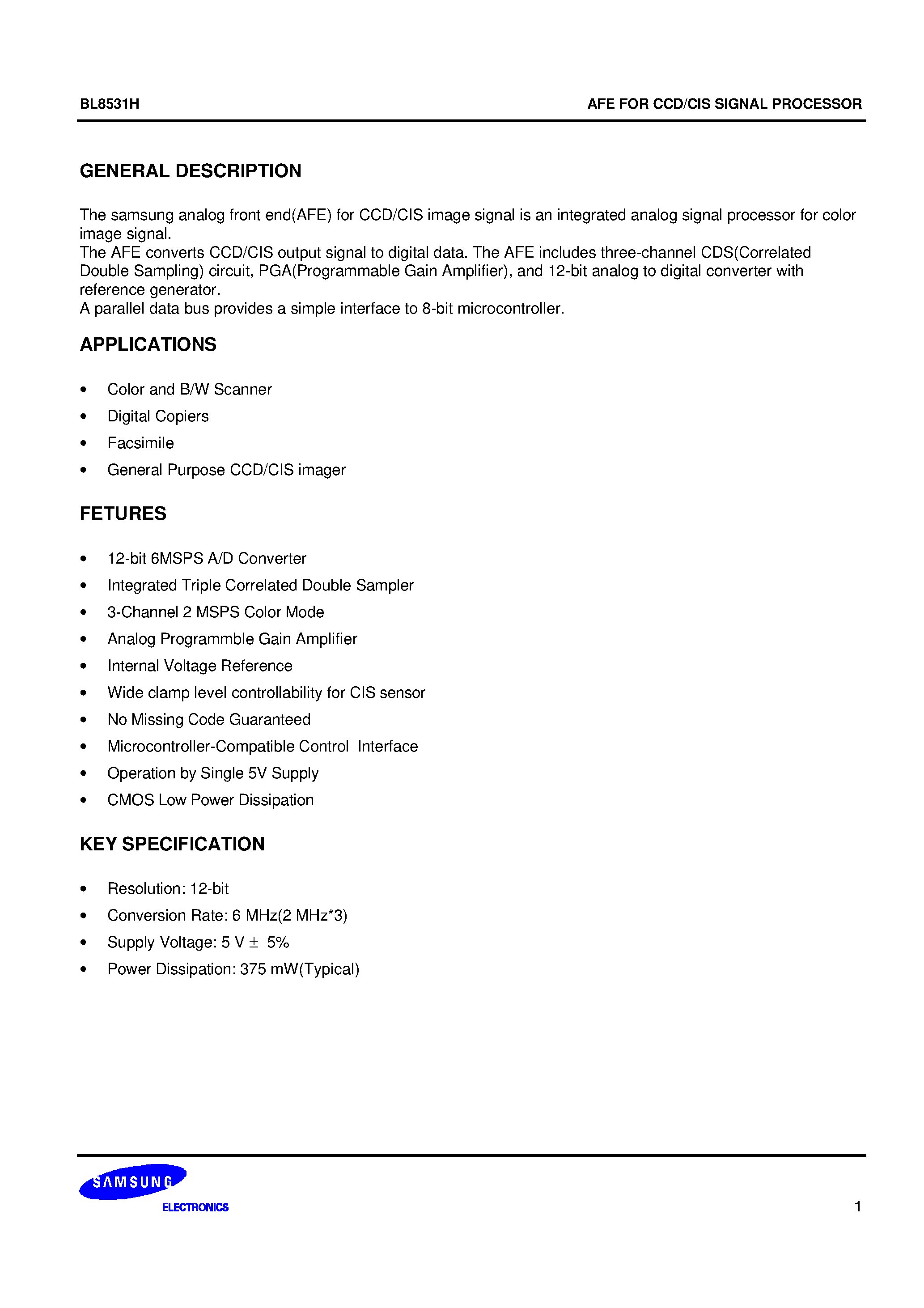 Datasheet BL8531H - 12 Bit 10MSPS ADC page 1