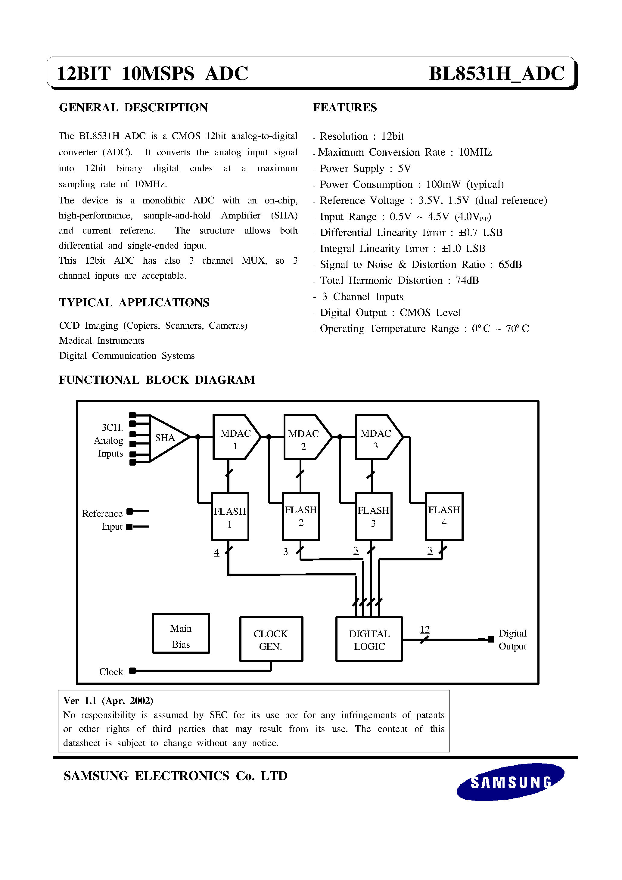 Даташит на микросхему BL8531H-ADC страница 1 Даташит BL8531H-ADC - 12 Bit 10MSPS ADC страница 1