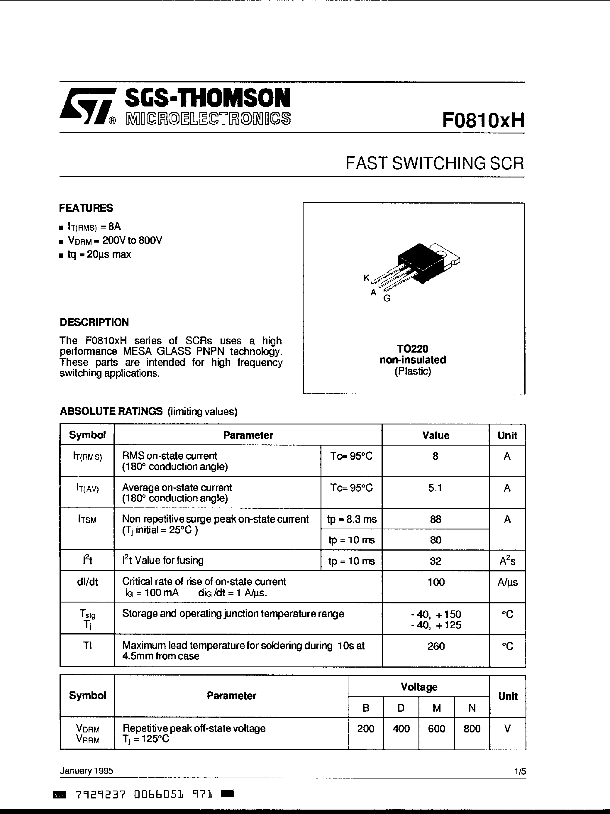 Даташит F0810xH - Fast Switching SCR страница 1