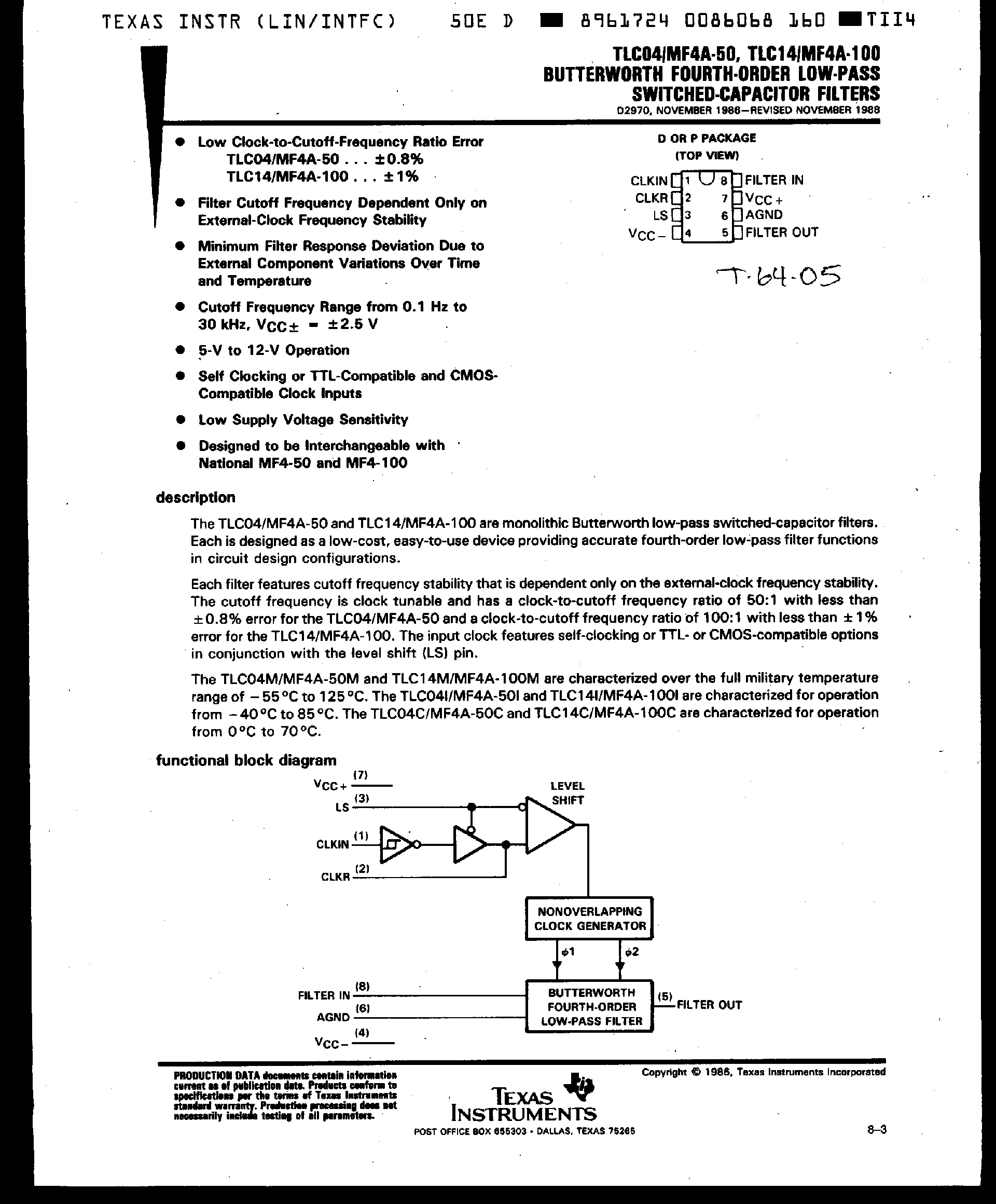 Datasheet MF4A-xx - Butterworth Fourth-Order Low-Pass Switched Capacitor Filters page 1