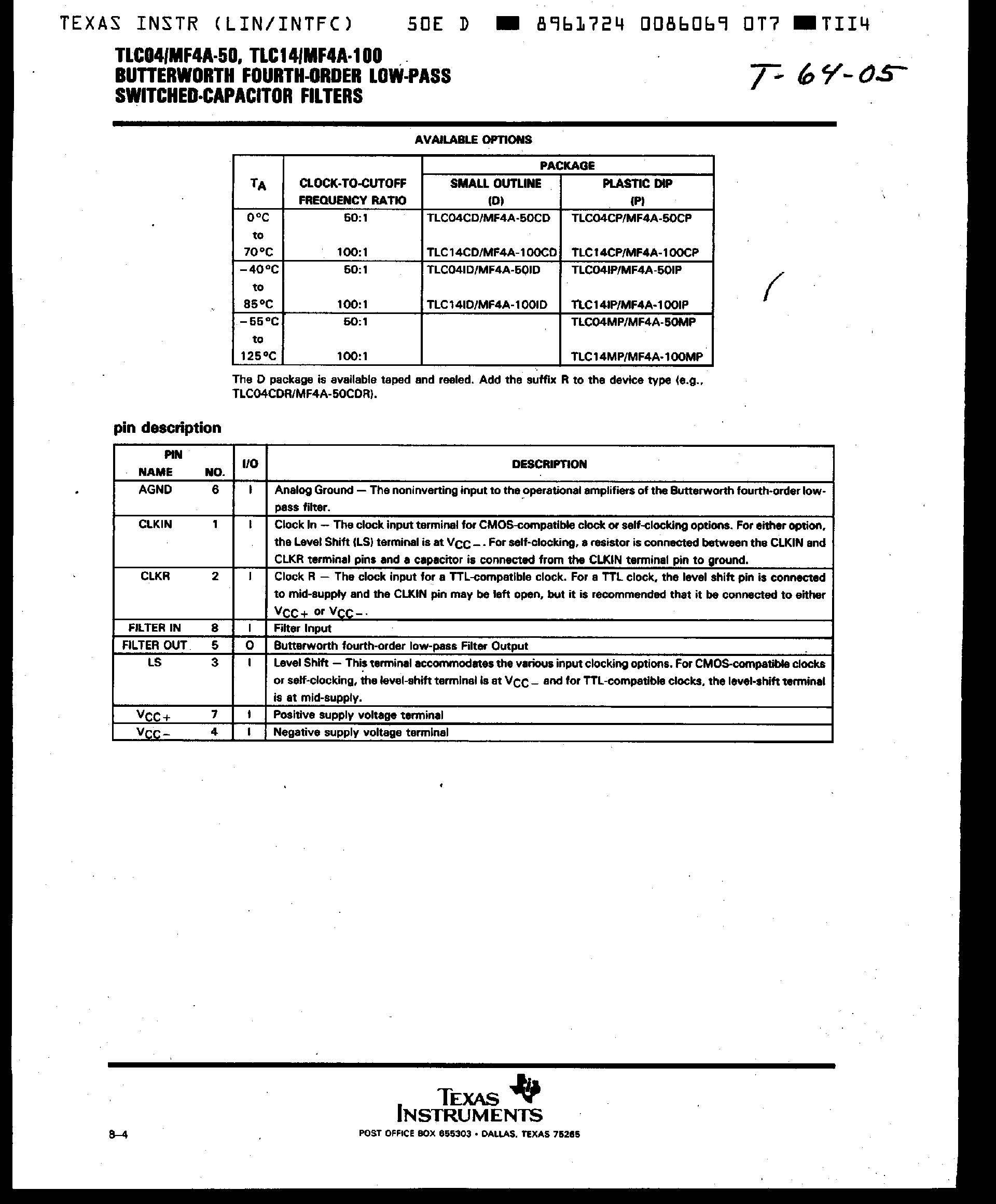 Datasheet MF4A-xx - Butterworth Fourth-Order Low-Pass Switched Capacitor Filters page 2