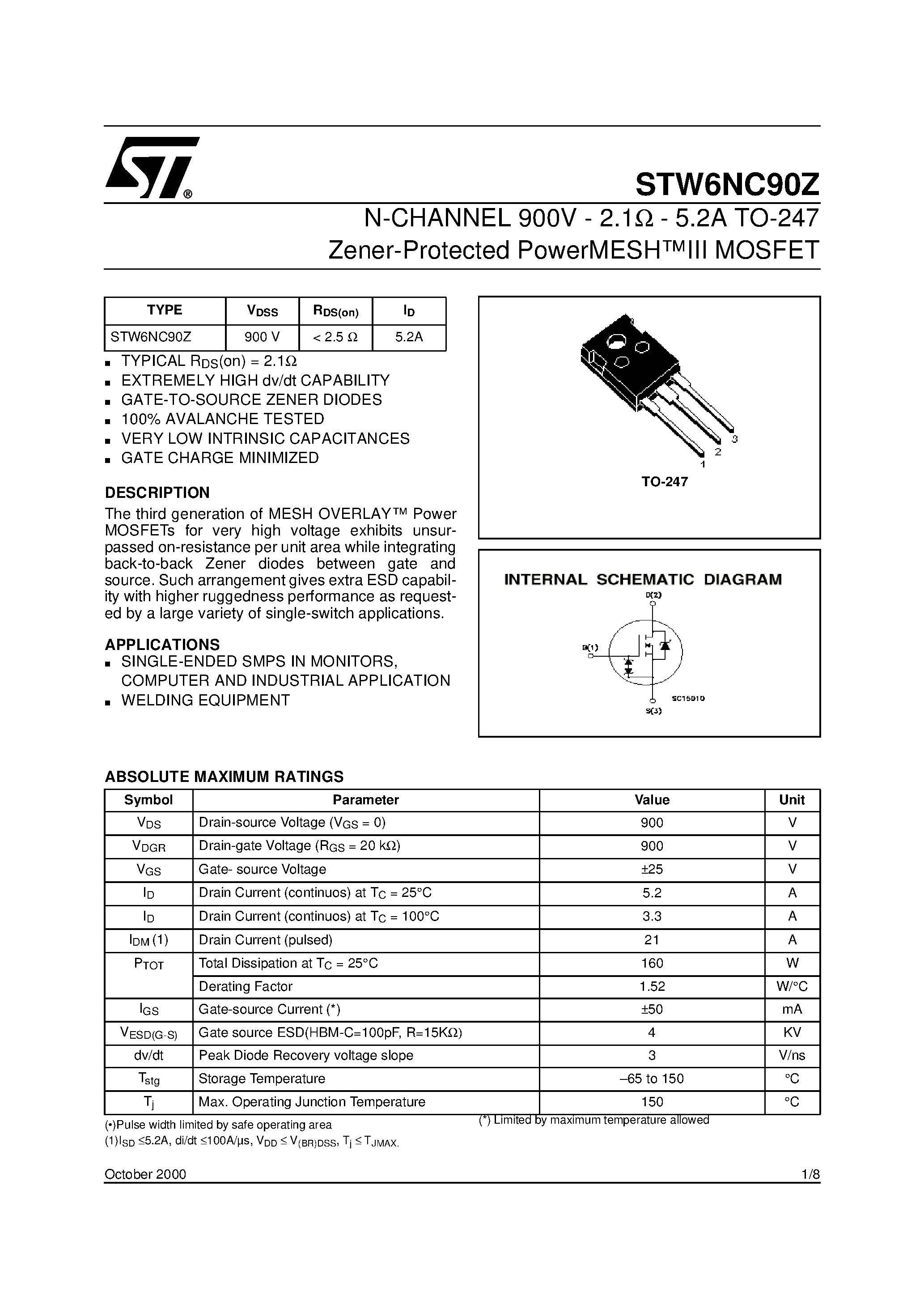 Datasheet STW6NC90Z page 1 Datasheet STW6NC90Z - N-CHANNEL MOSFET page 1