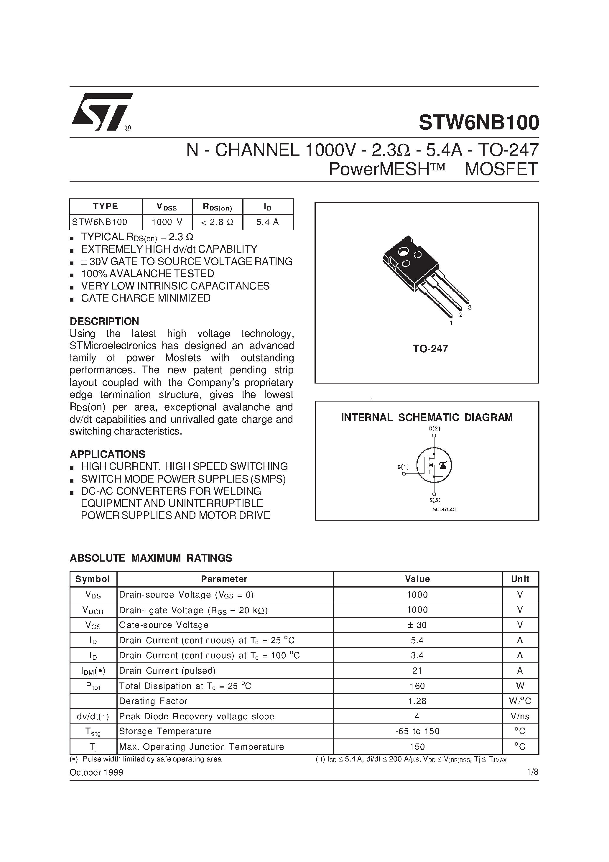 Datasheet STW6NB100 - N-CHANNEL MOSFET page 1