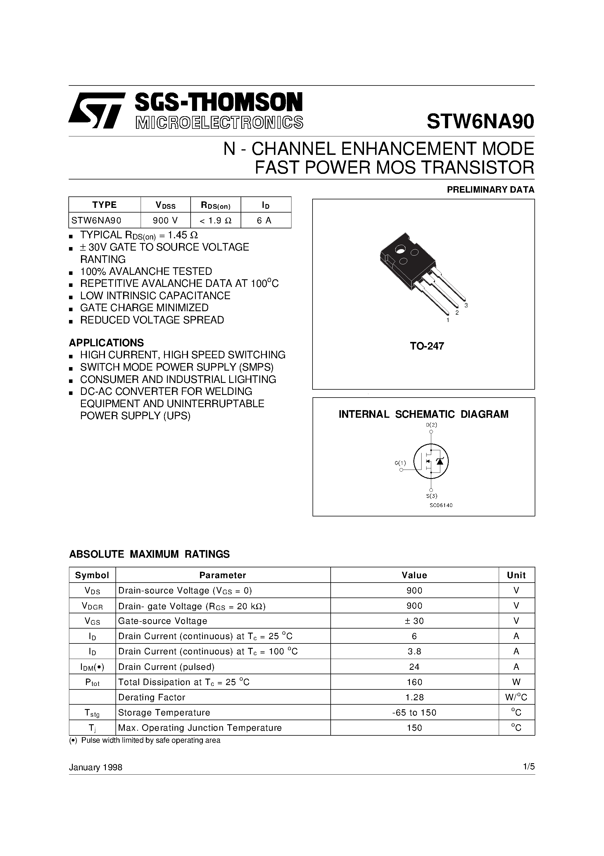 Datasheet STW6NA90 page 1 Datasheet STW6NA90 - N-CHANNEL MOSFET page 1