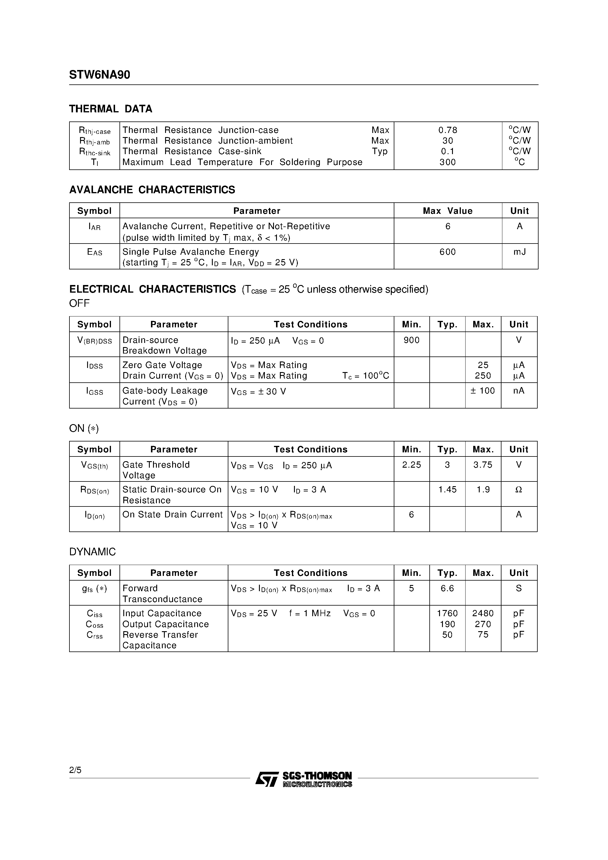 Datasheet STW6NA90 page 2 Datasheet STW6NA90 - N-CHANNEL MOSFET page 2