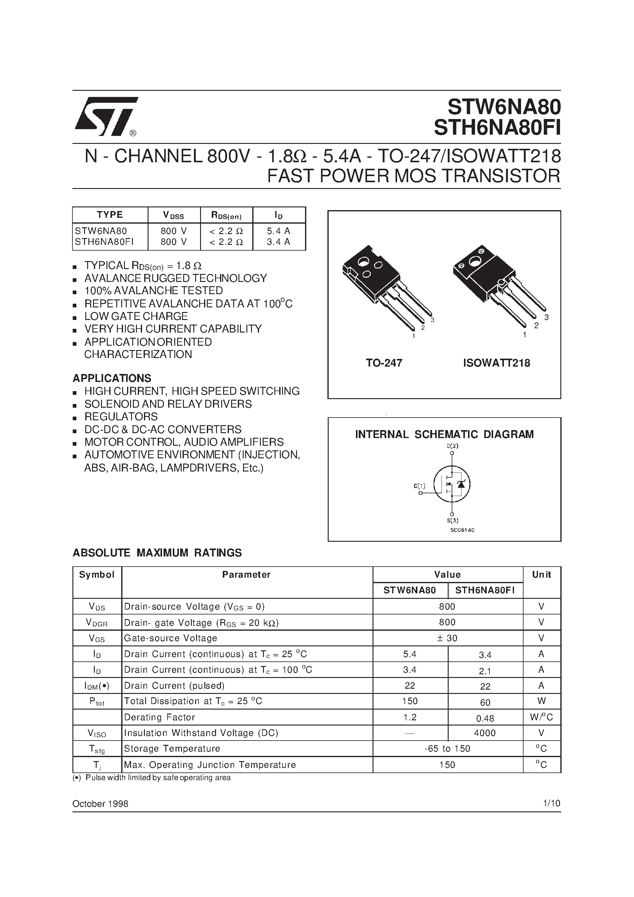 Datasheet STW6NA80 - N-CHANNEL MOSFET page 1
