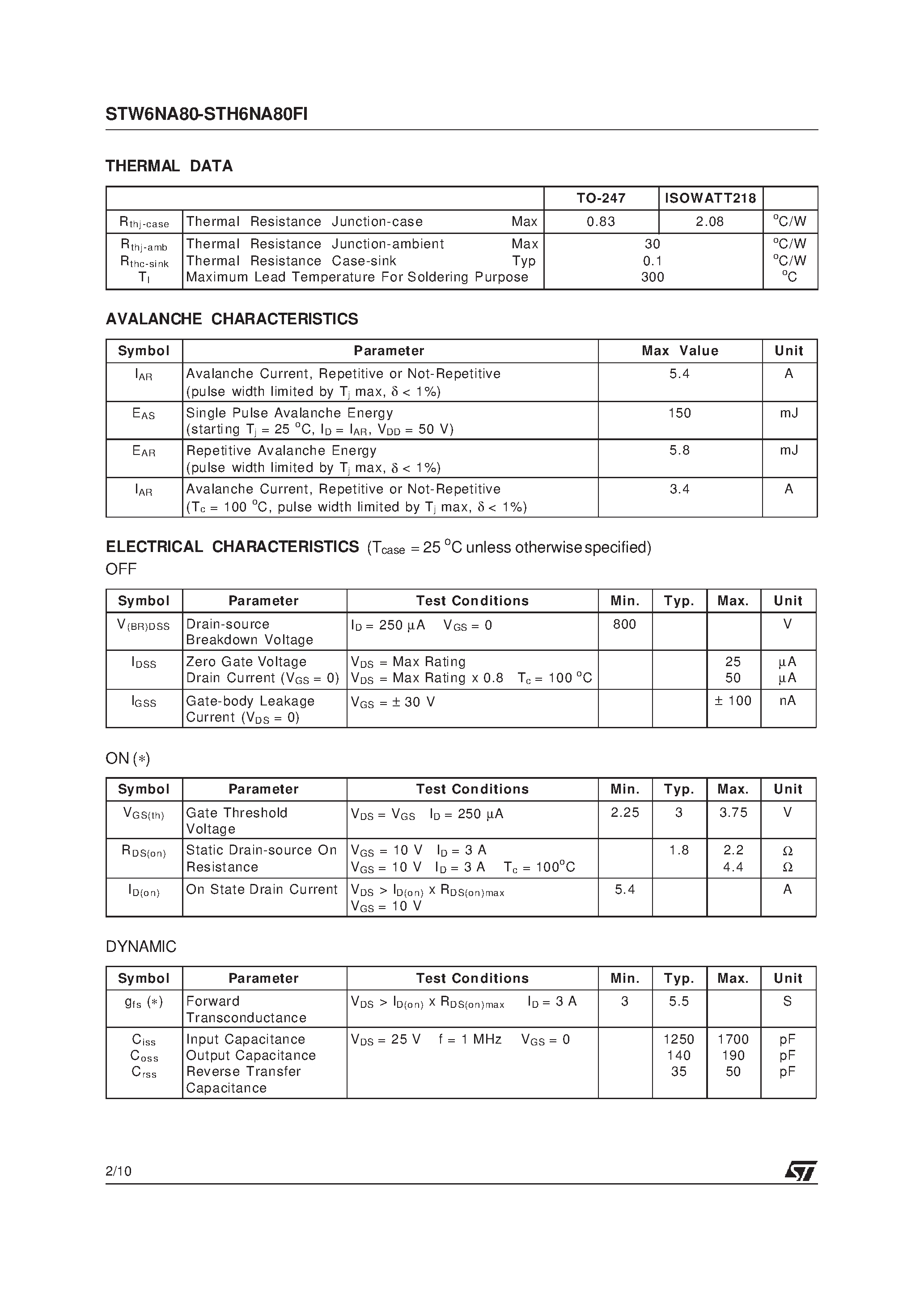 Datasheet STW6NA80 - N-CHANNEL MOSFET page 2
