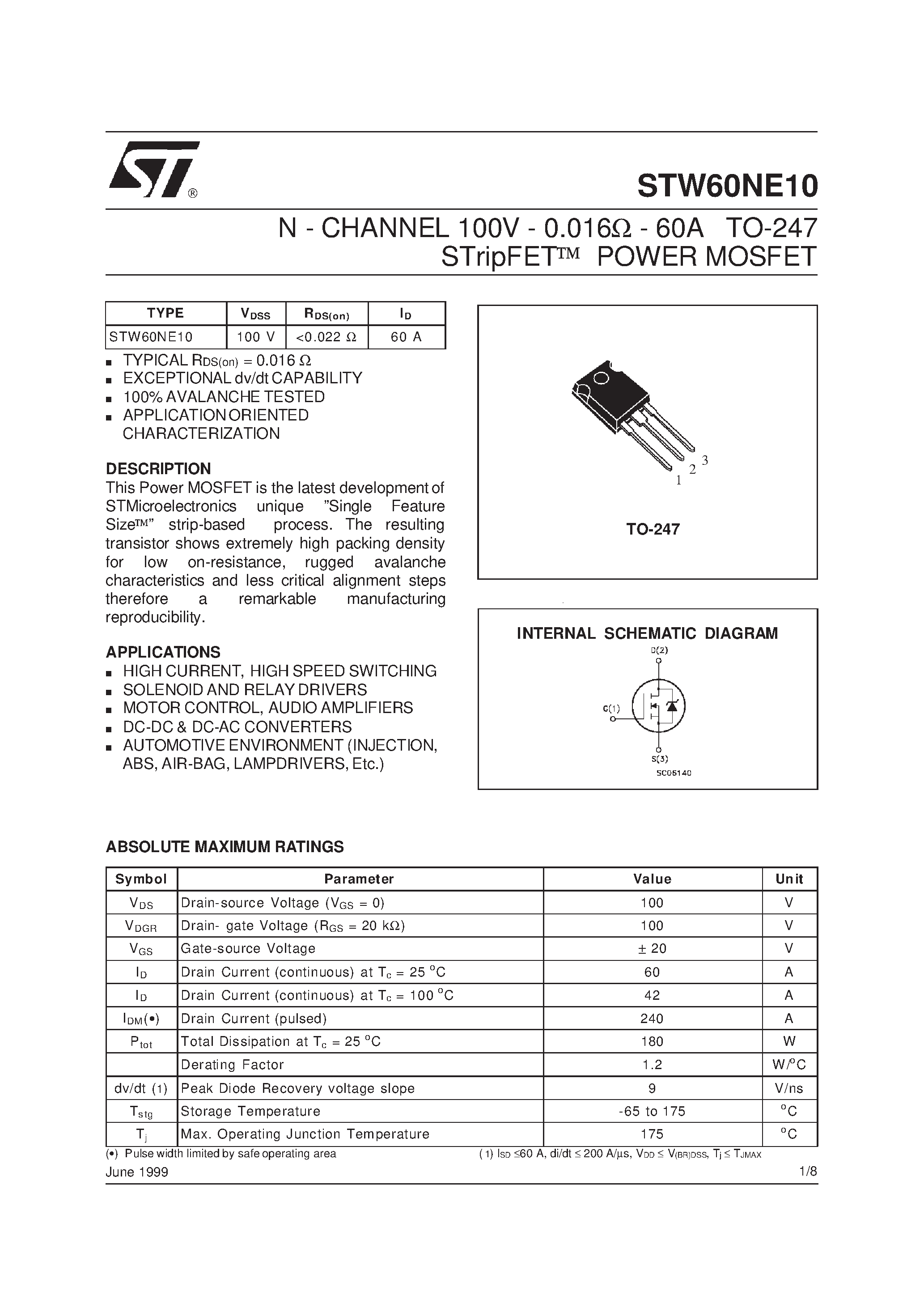 Datasheet STW60NE10 page 1 Datasheet STW60NE10 - N-CHANNEL MOSFET page 1