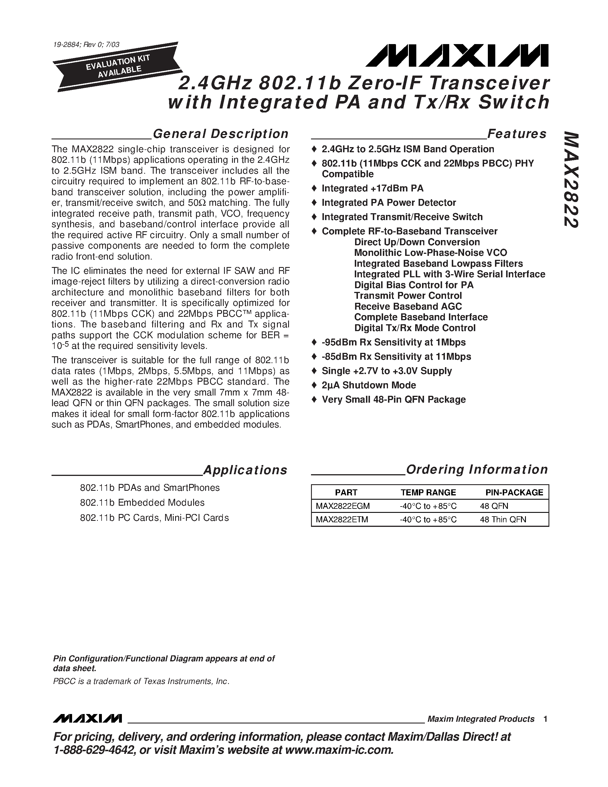 Datasheet MAX2822 - 2.4 Ghz Zero-IF Transceiver page 1