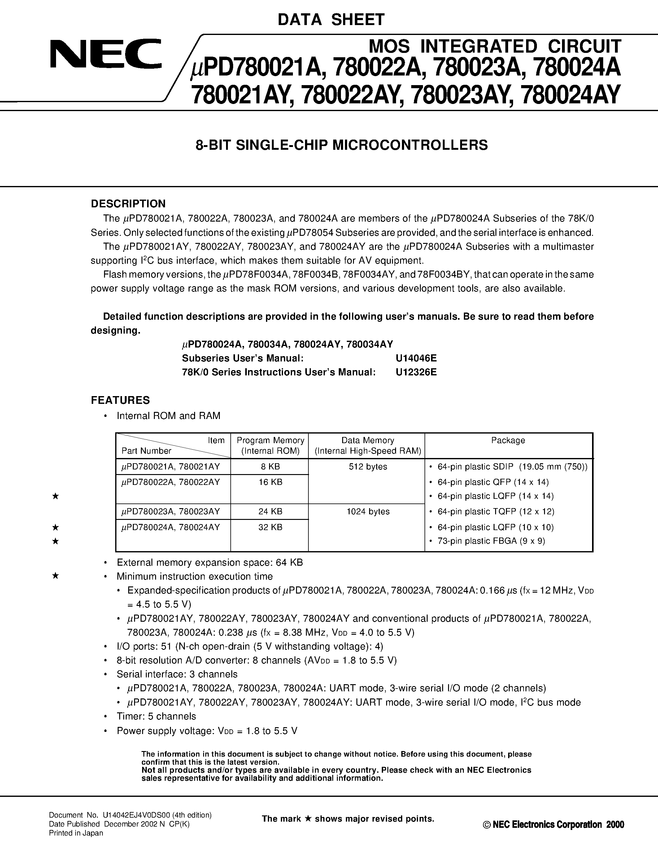 Даташит UPD780023A - 8 Bit Single-Chip Microcontrollers страница 1