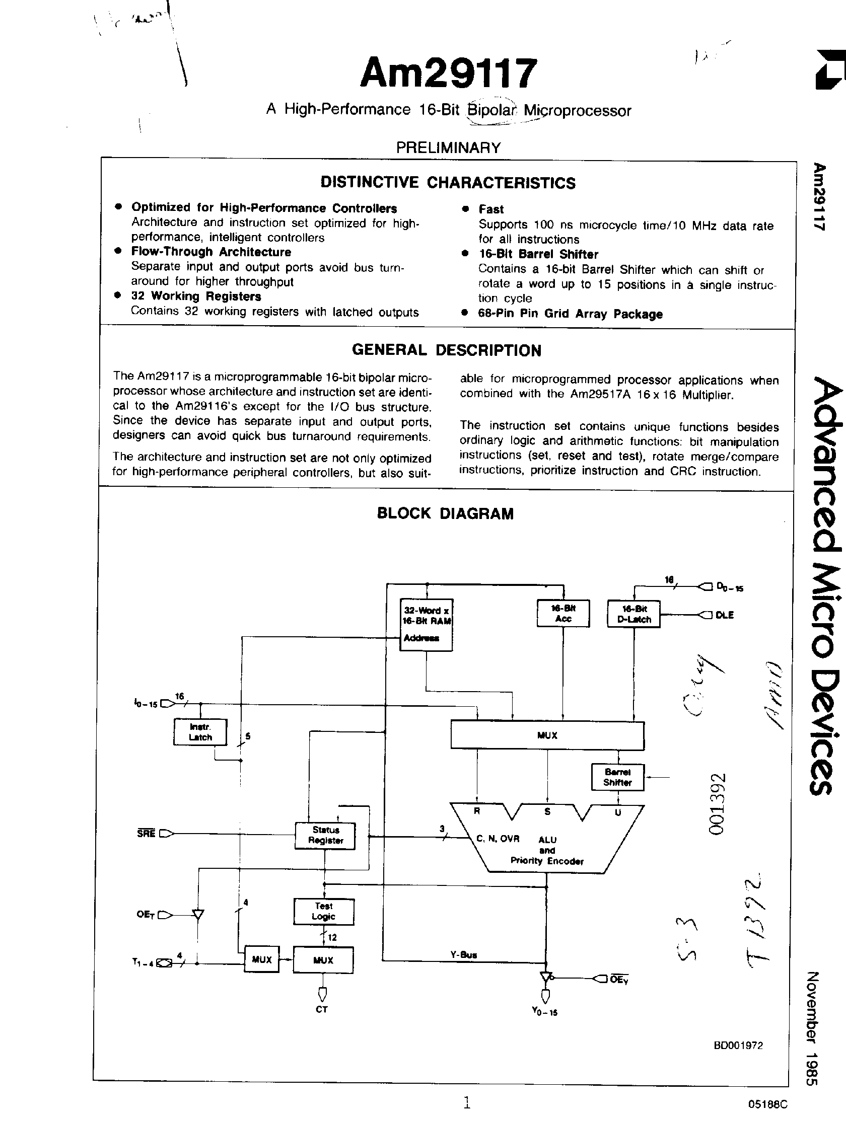Datasheet AM29117 - High Performance 16 Bit Bipolar Microprocessor page 1