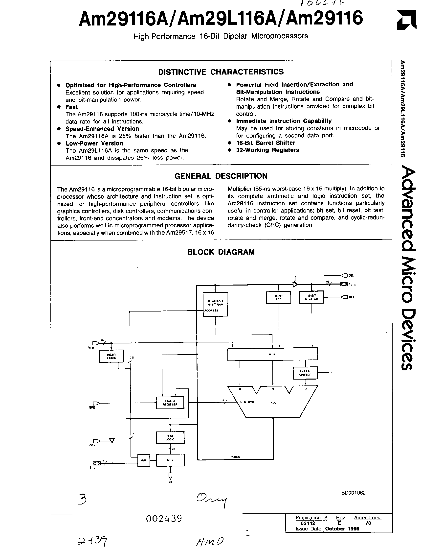 Datasheet AM29116 - High Performance 16 Bit Bipolar Microprocessor page 1