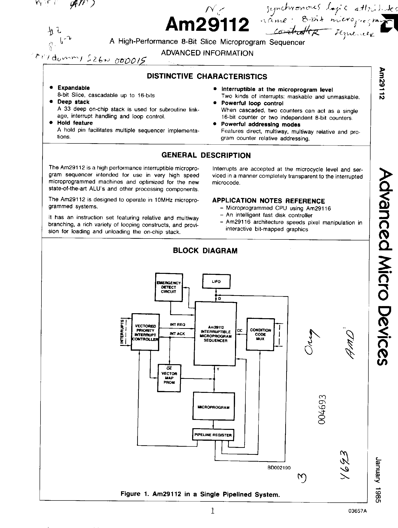 Datasheet AM29112 - High Performance 8 Bit Slice Microprogram Sequencer page 1