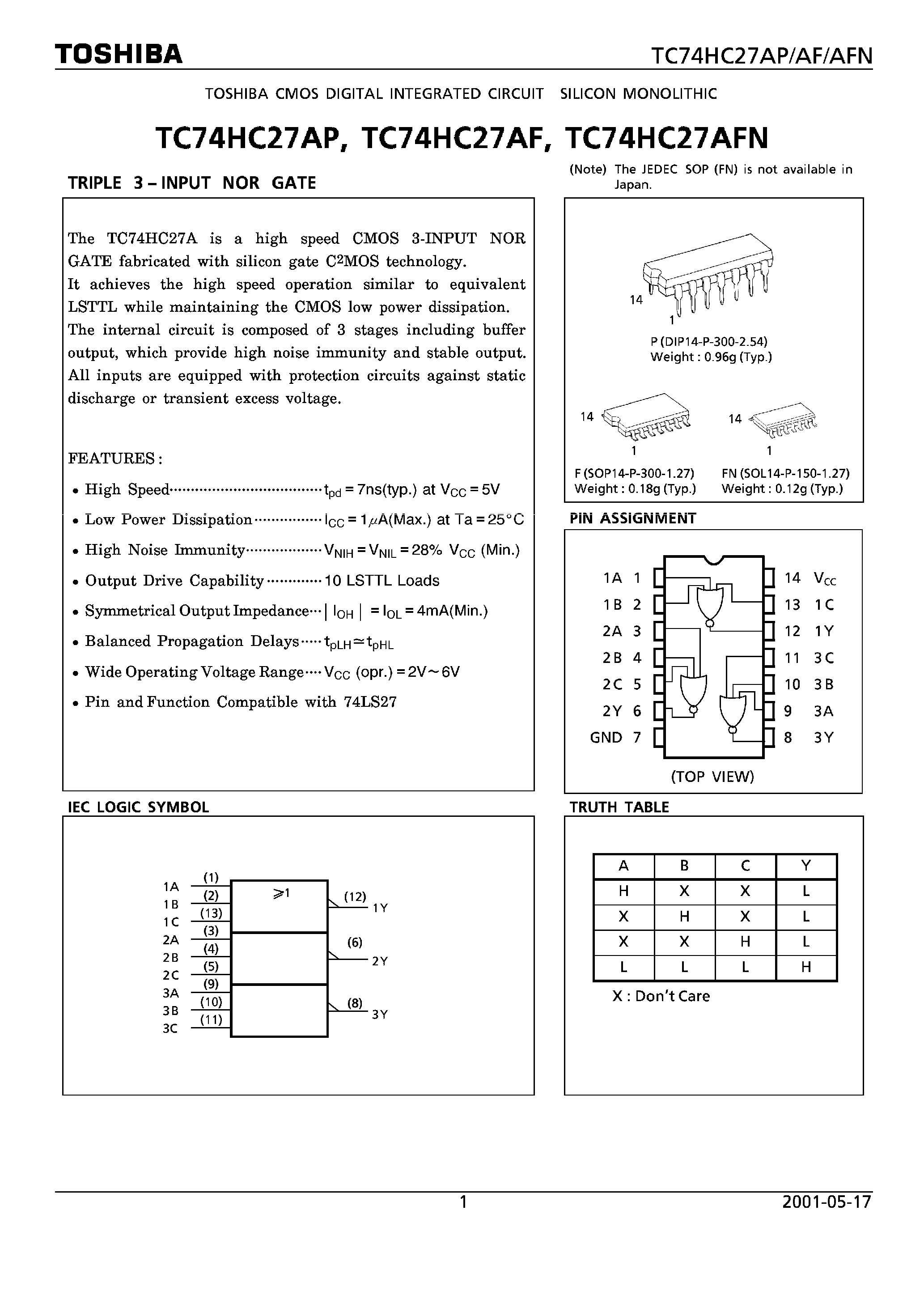 Datasheet TC74HC27 - TRIPLE 3 INPUT NOR GATE page 1