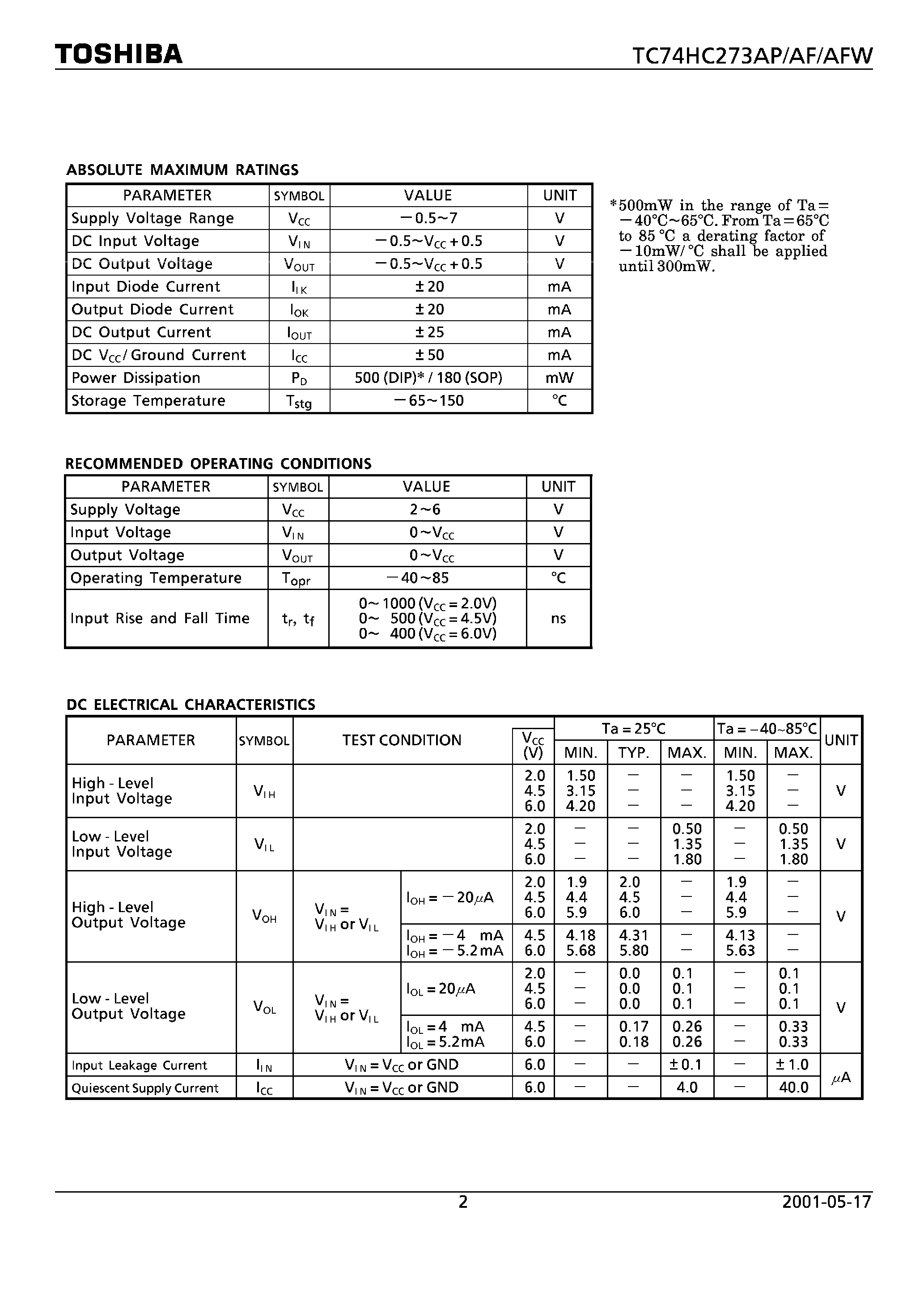 Даташит TC74HC273 - OCTAL D-TYPE FLIP FLOP WITH CLEAR страница 2