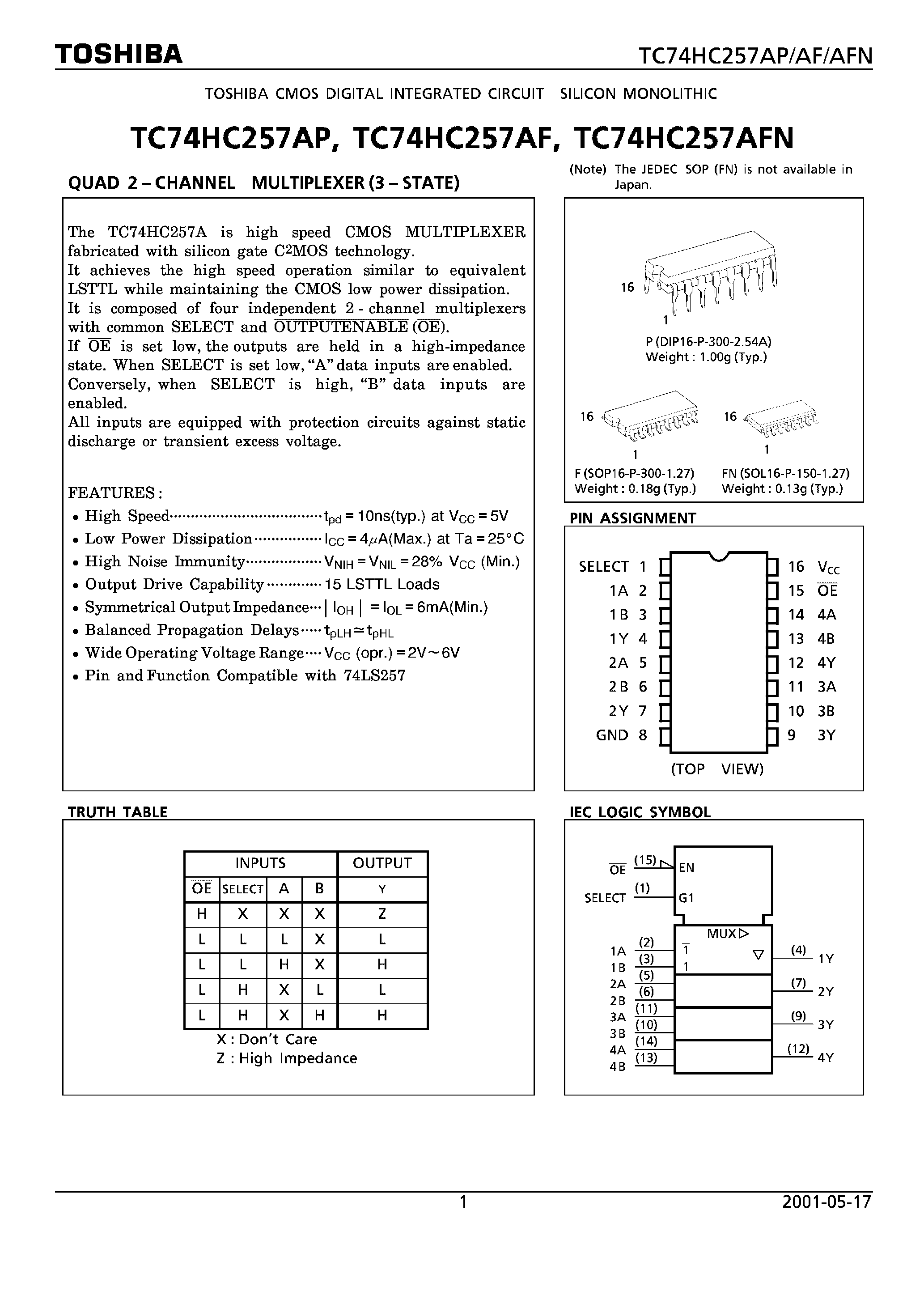 Datasheet TC74HC257 - QUAD 2-CHANEL MULTIPLEXER (3-STATE) page 1