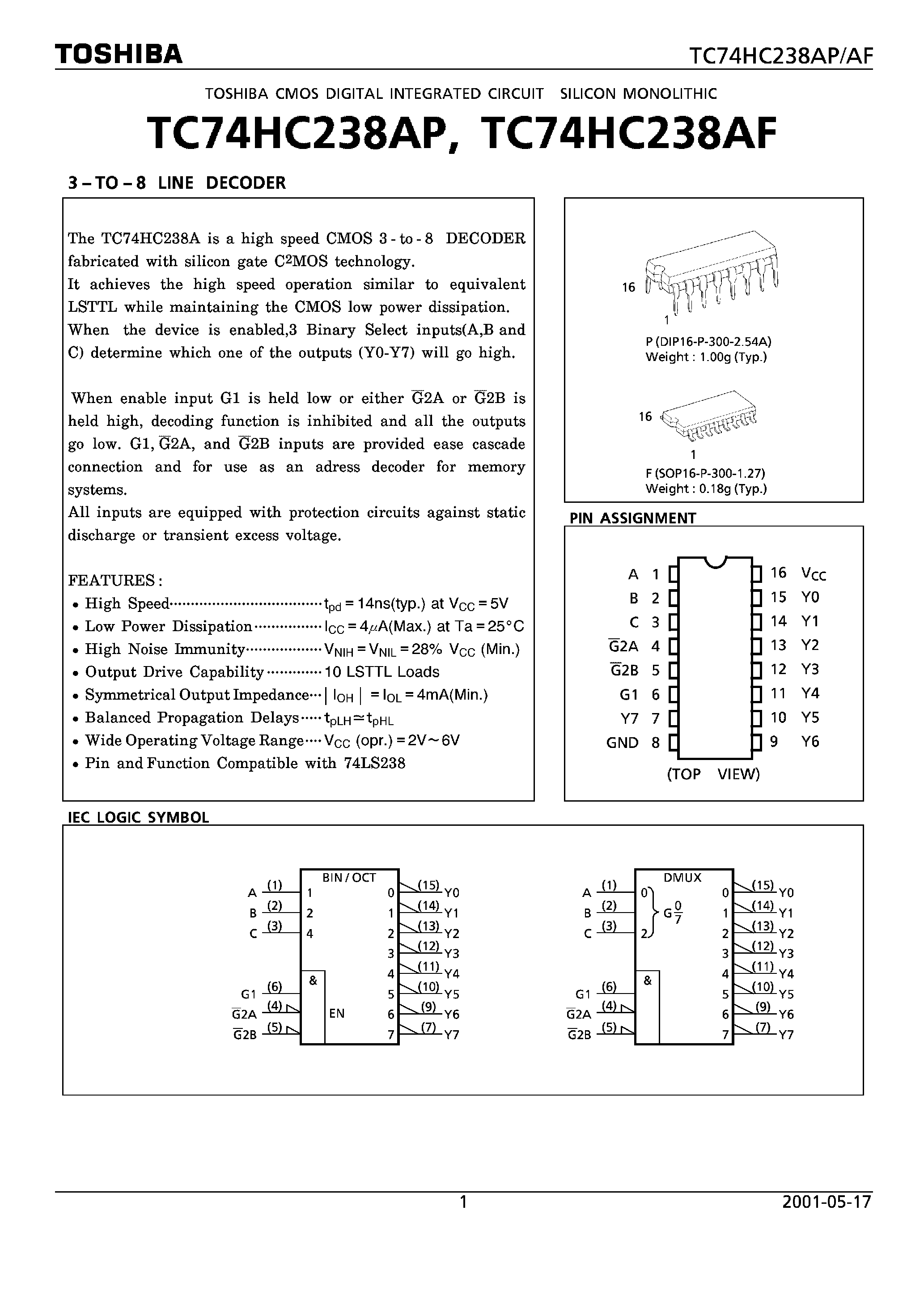 Даташит TC74HC238 - 3-TO-8 LINE DECODER страница 1