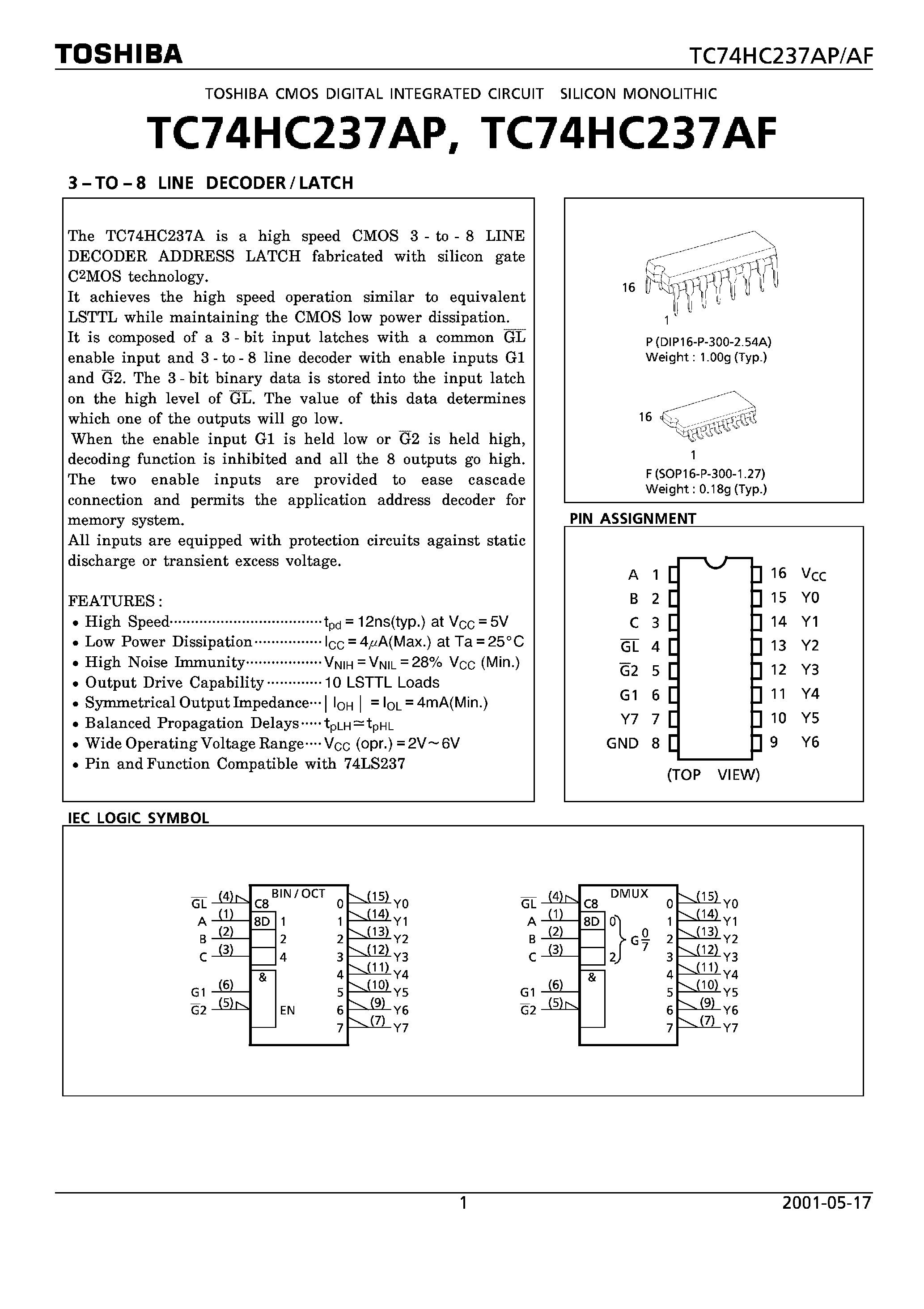 Даташит TC74HC237 - 3- TO - 8 LINE DECODER/LATCH страница 1