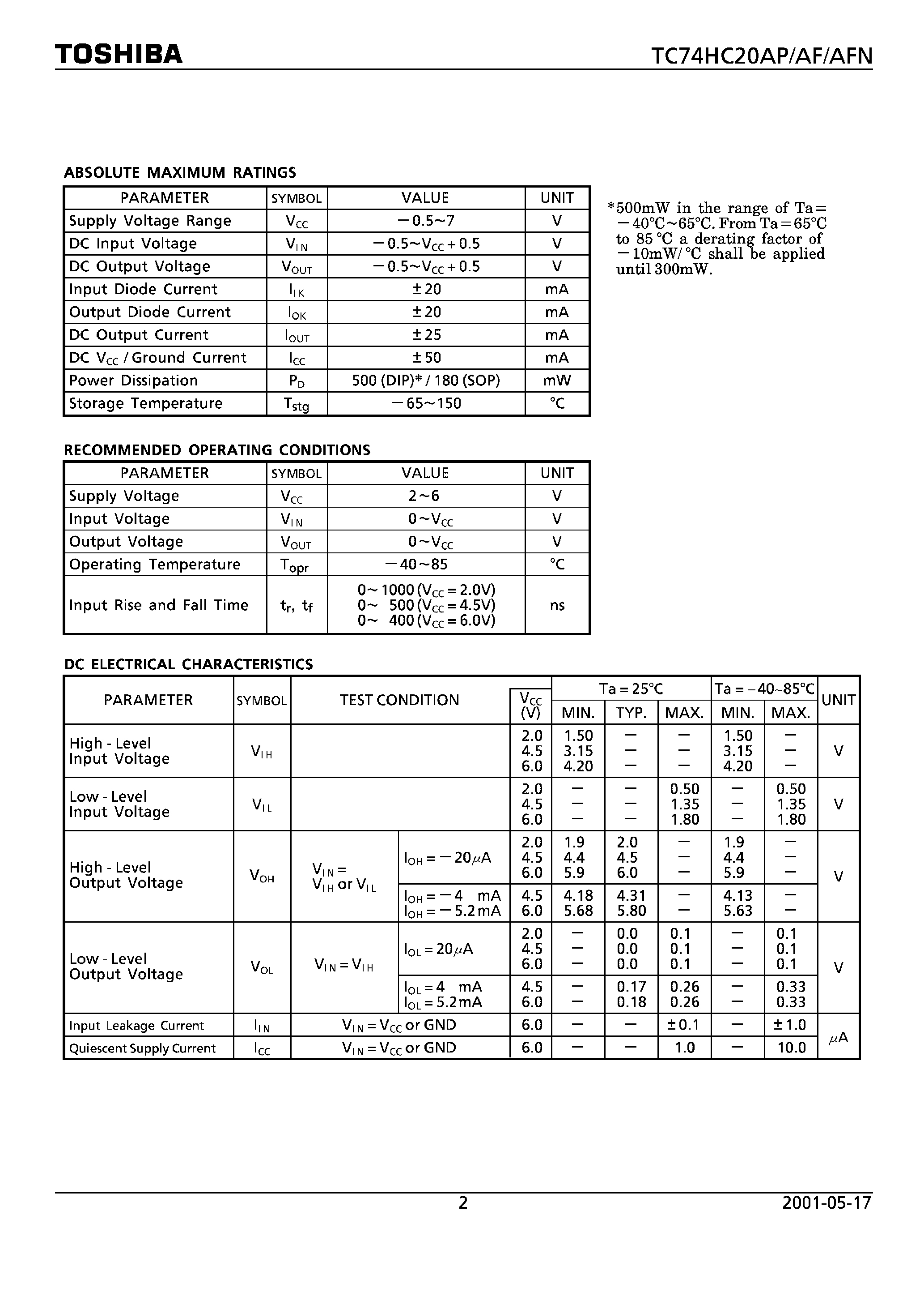 Datasheet TC74HC20 - DUAL 4 - INPUT NAND GATE page 2
