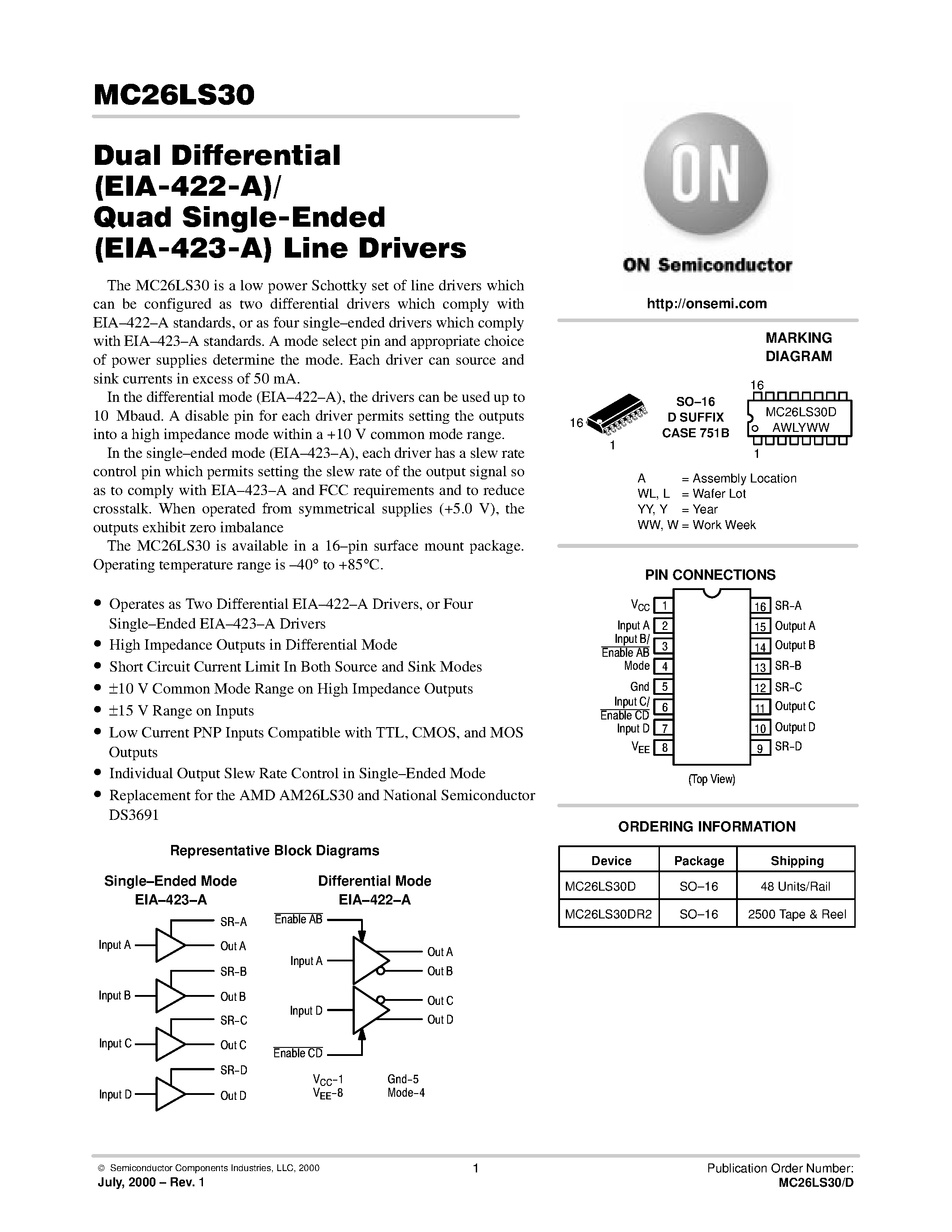 Datasheet MC26LS30 - Dual Differential Quad Single-Ended (EIA-423-A) Line Drivers page 1