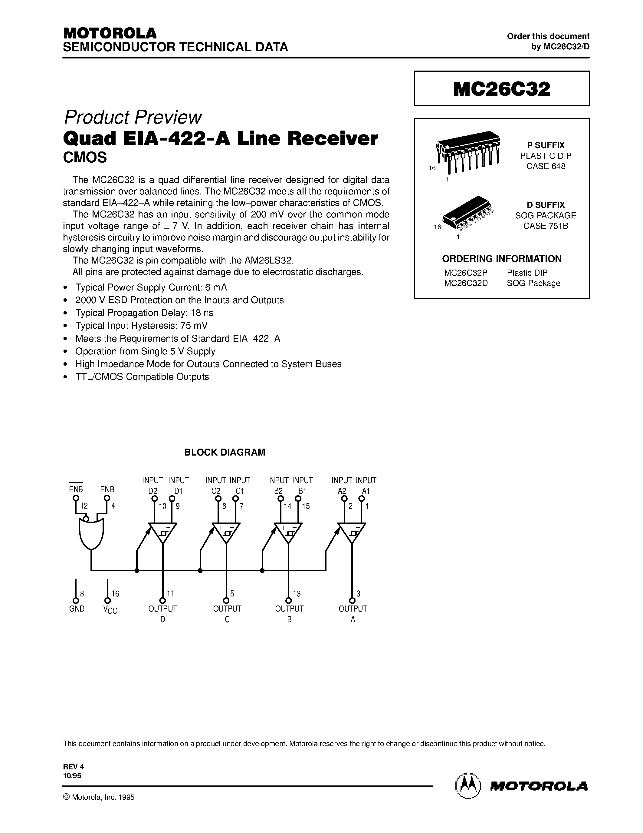 Даташит на микросхему MC26C32 страница 1 Даташит MC26C32 - Quad EIA-422-A Line Receiver страница 1