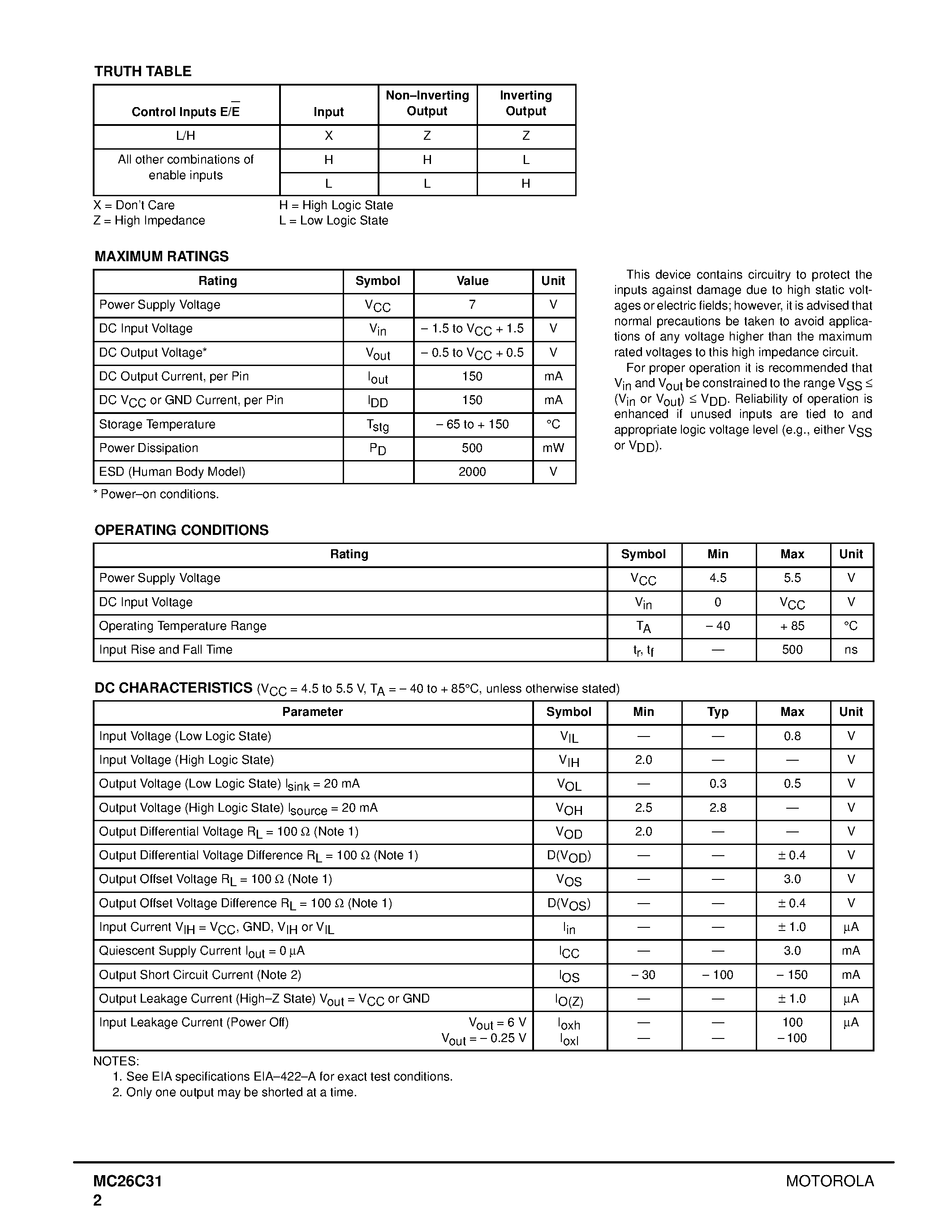Datasheet MC26C31 - Quad EIA-422-A Line Driver page 2