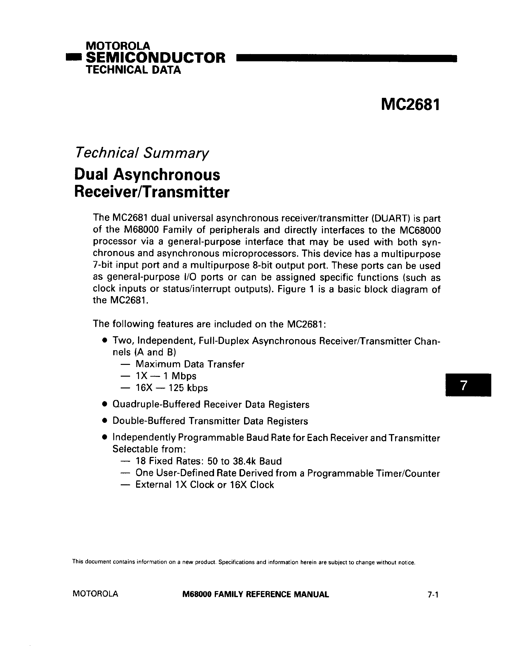 Даташит MC2681 - Dual Asychronous Receiver/Transmitter страница 1