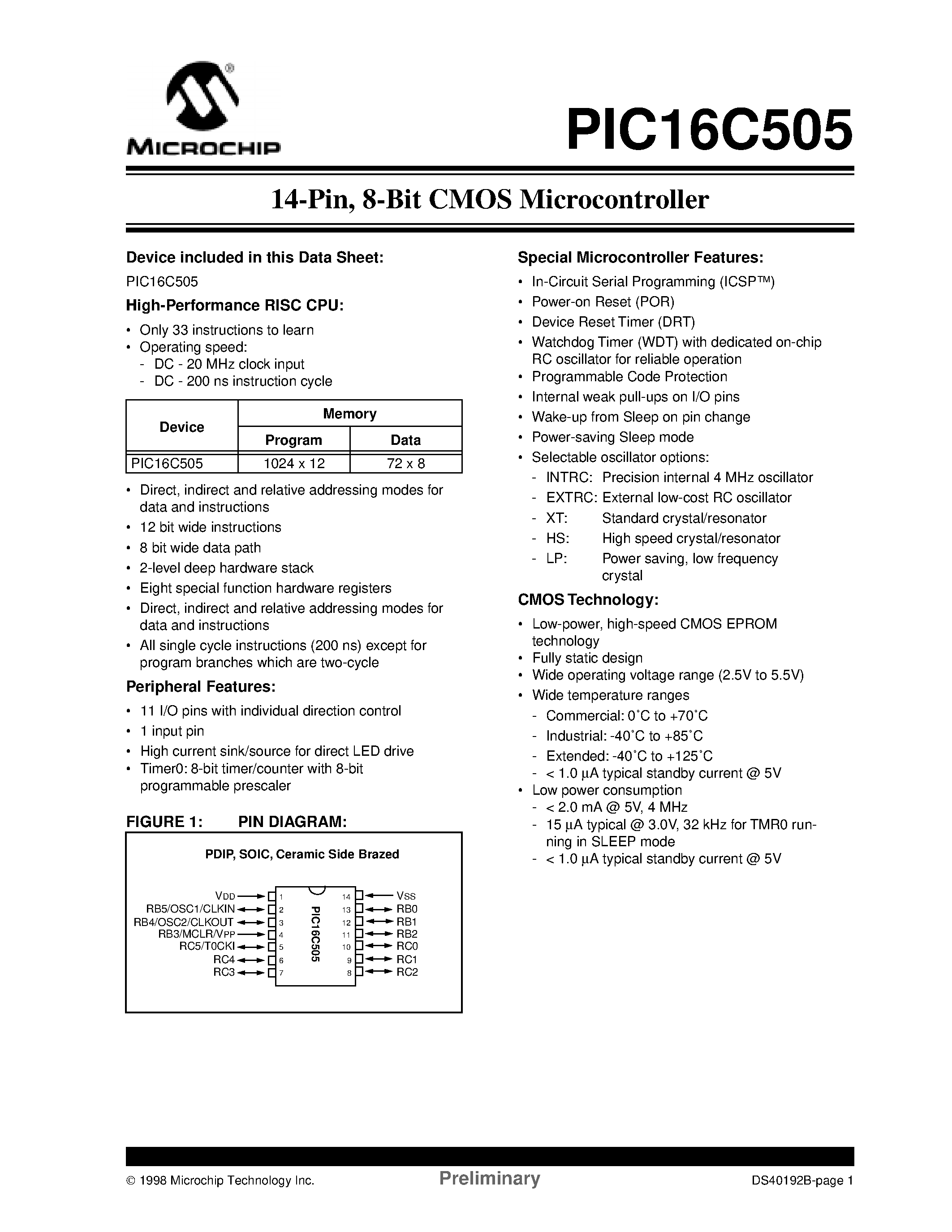 Даташит 16C505 - 8-Bit CMOS Microcontroller страница 1