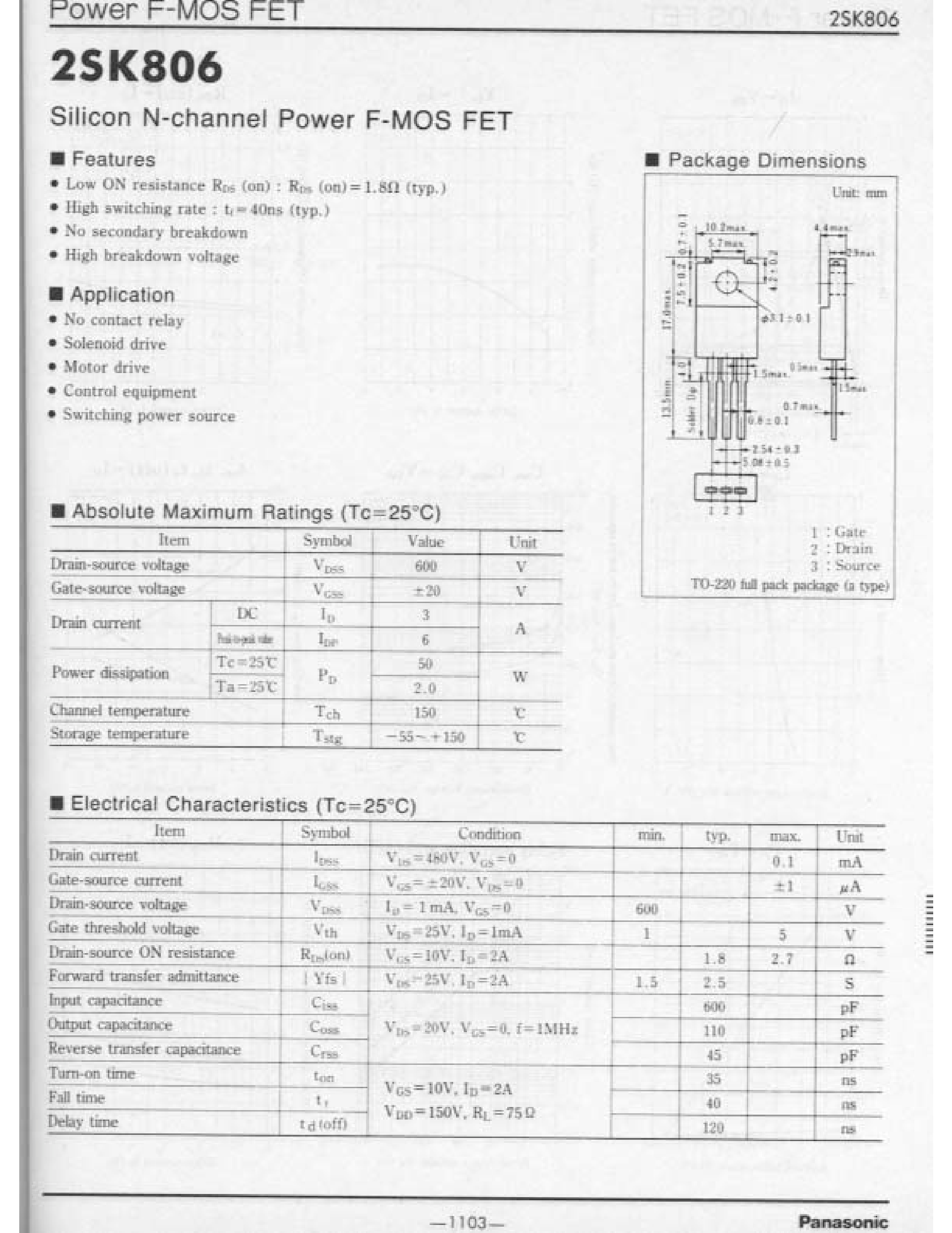 Datasheet 2SK806 - Silicon N-channel Power F-MOS FET page 1