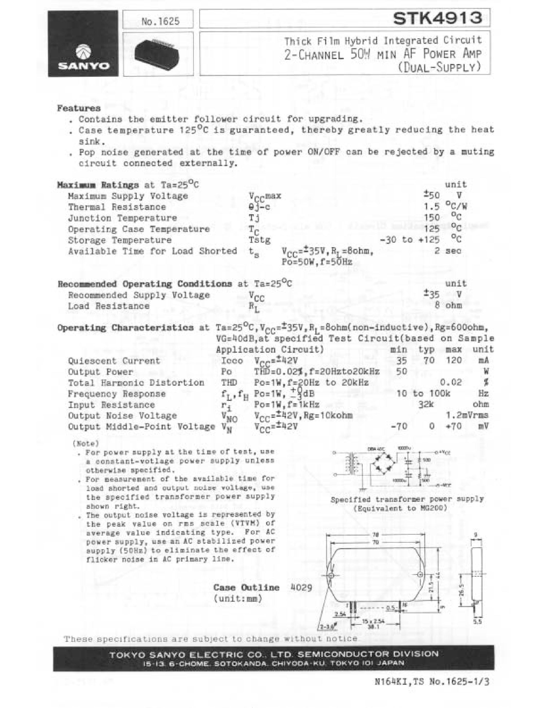 Datasheet STK4913 page 1 Datasheet STK4913 - Thick Film Hybid Circuit 2-Channel 50W Min AF Power Amp page 1