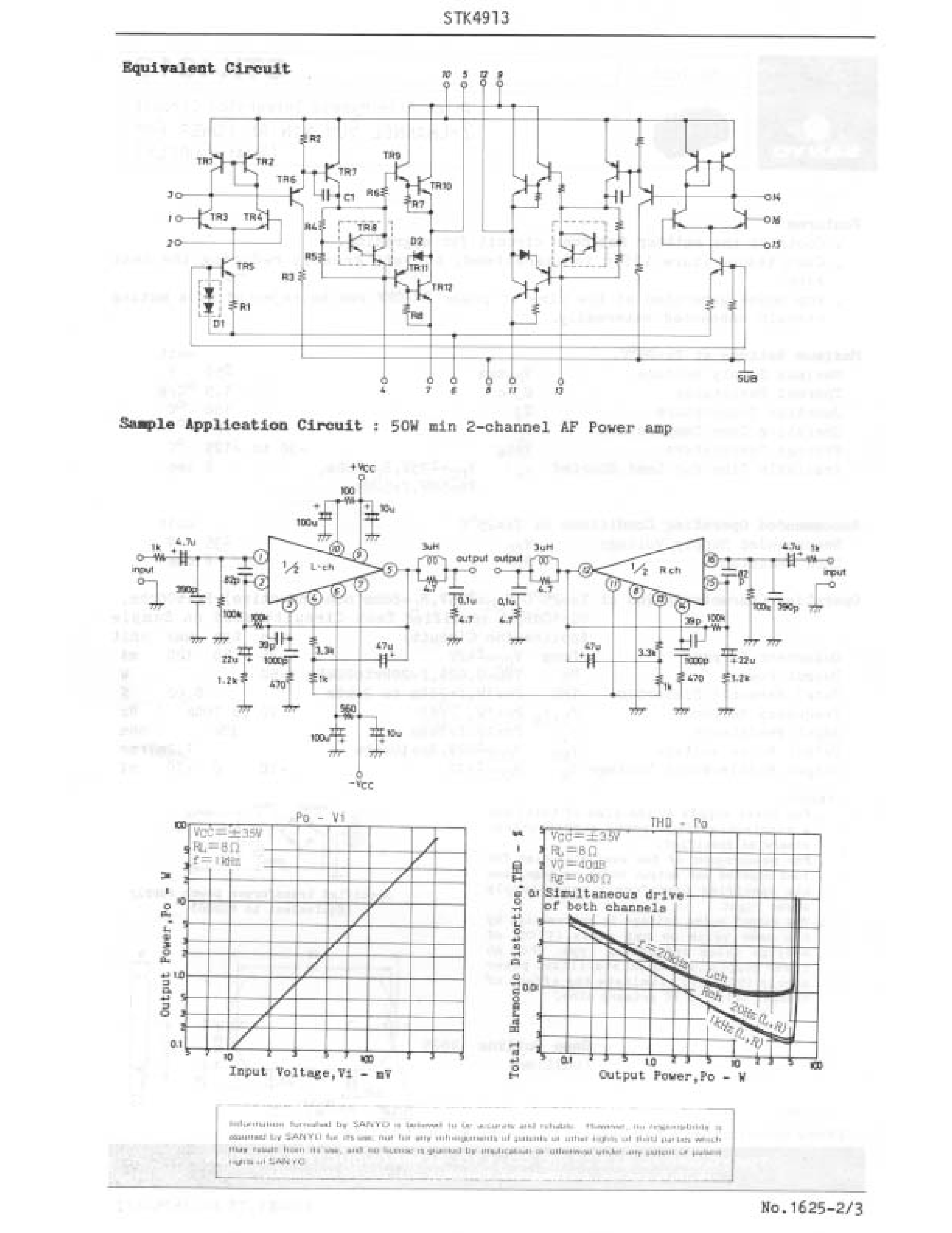 Datasheet STK4913 page 2 Datasheet STK4913 - Thick Film Hybid Circuit 2-Channel 50W Min AF Power Amp page 2