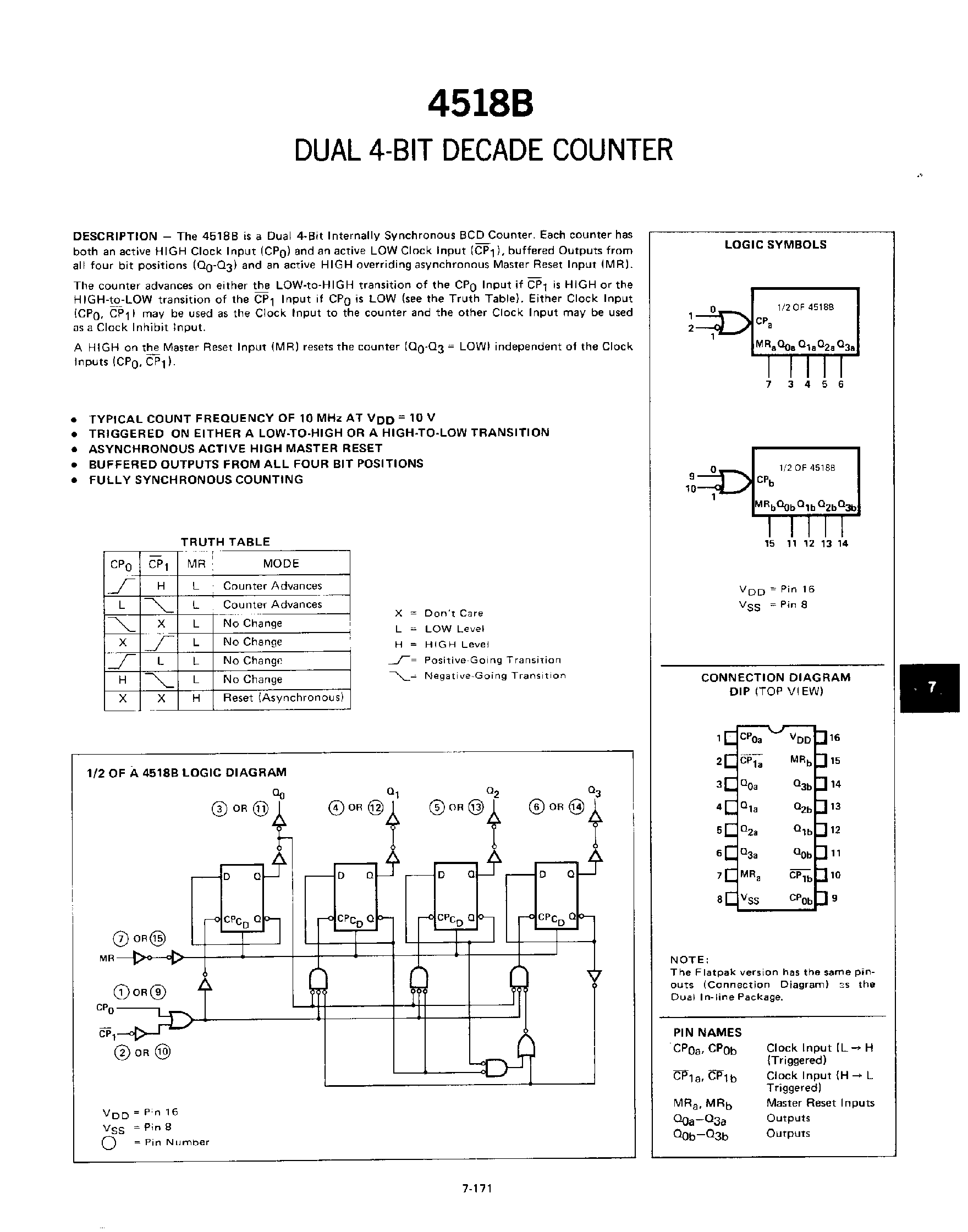 Datasheet 4518B page 1 Datasheet 4518B - Dual 4 Bit Decade Counter page 1